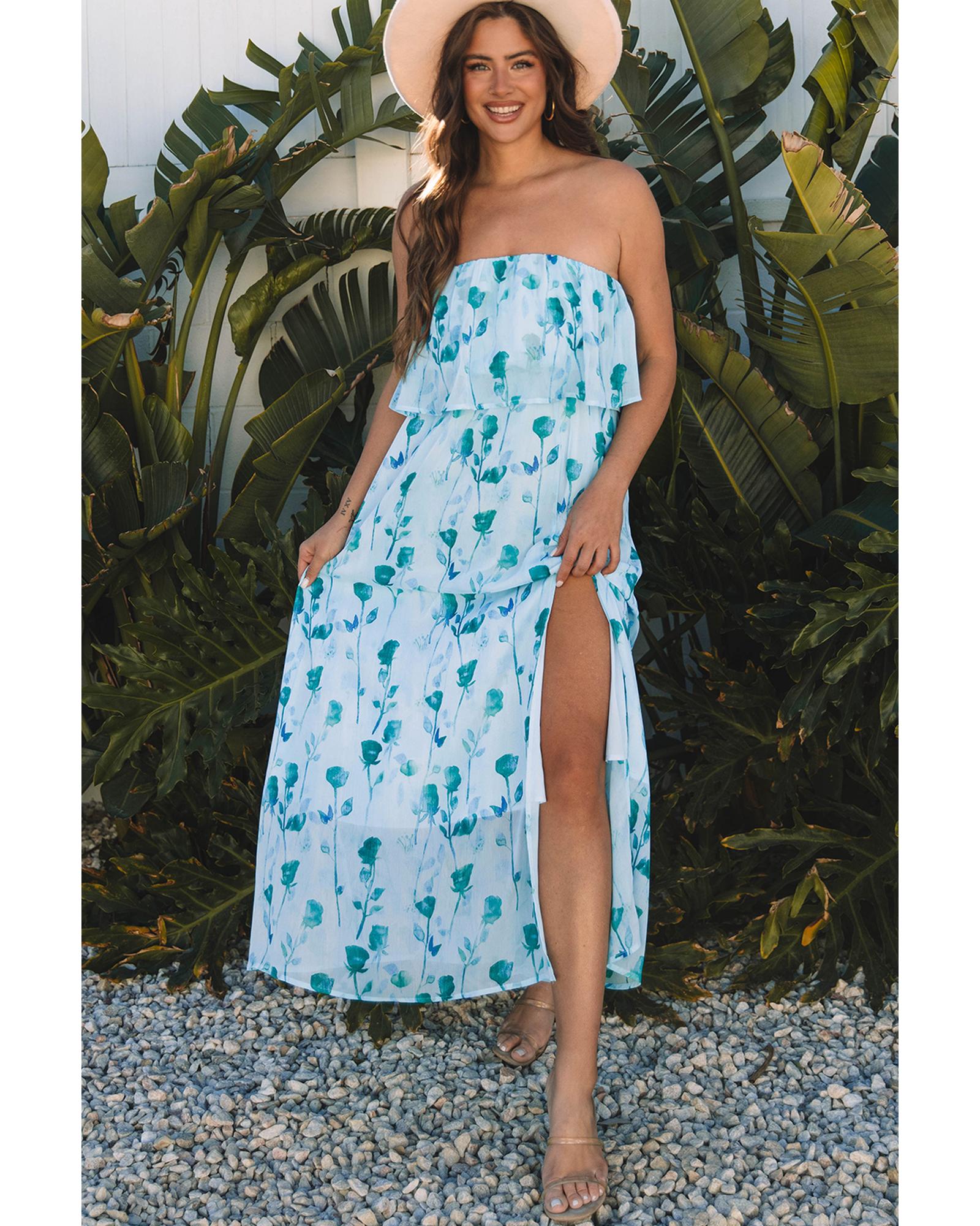 V539-AZEXDC6123190-P920-L-202508301040-00 Green Floral Print Ruffled Side Slit Tube Top Maxi Dress - L - Image 1