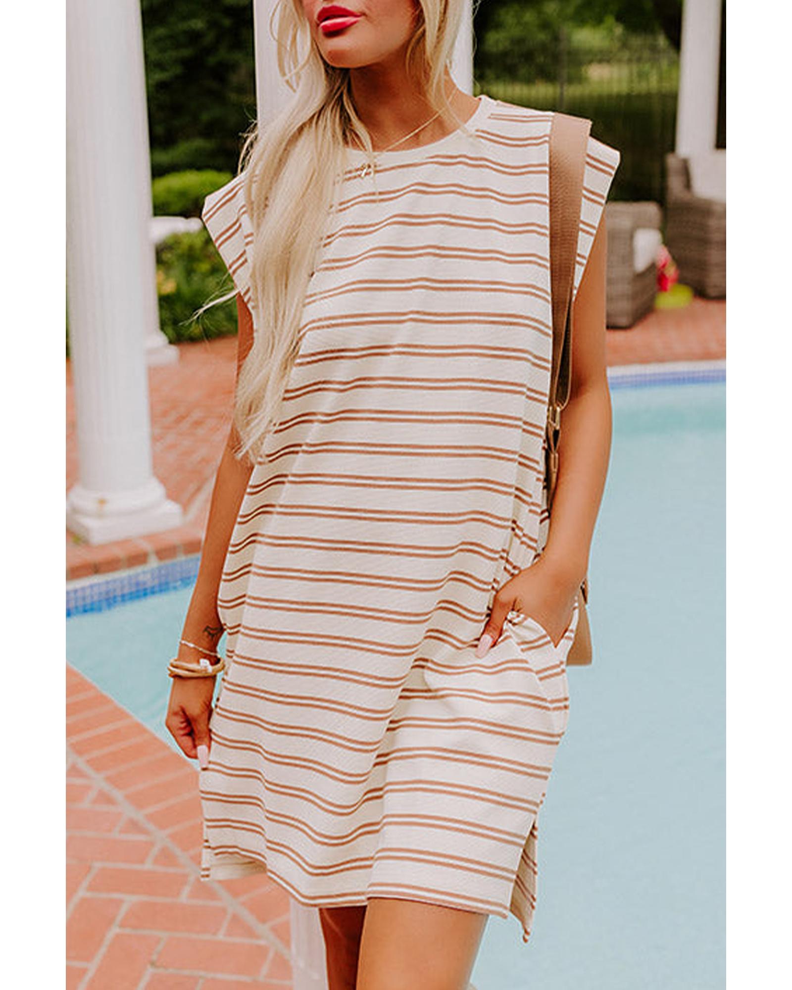 V539-AZEXDC6123243-P1619-S-202506141540-00 Khaki Stripe Round Neck Sleeveless Casual Pocketed Mini Dress - S - Image 1