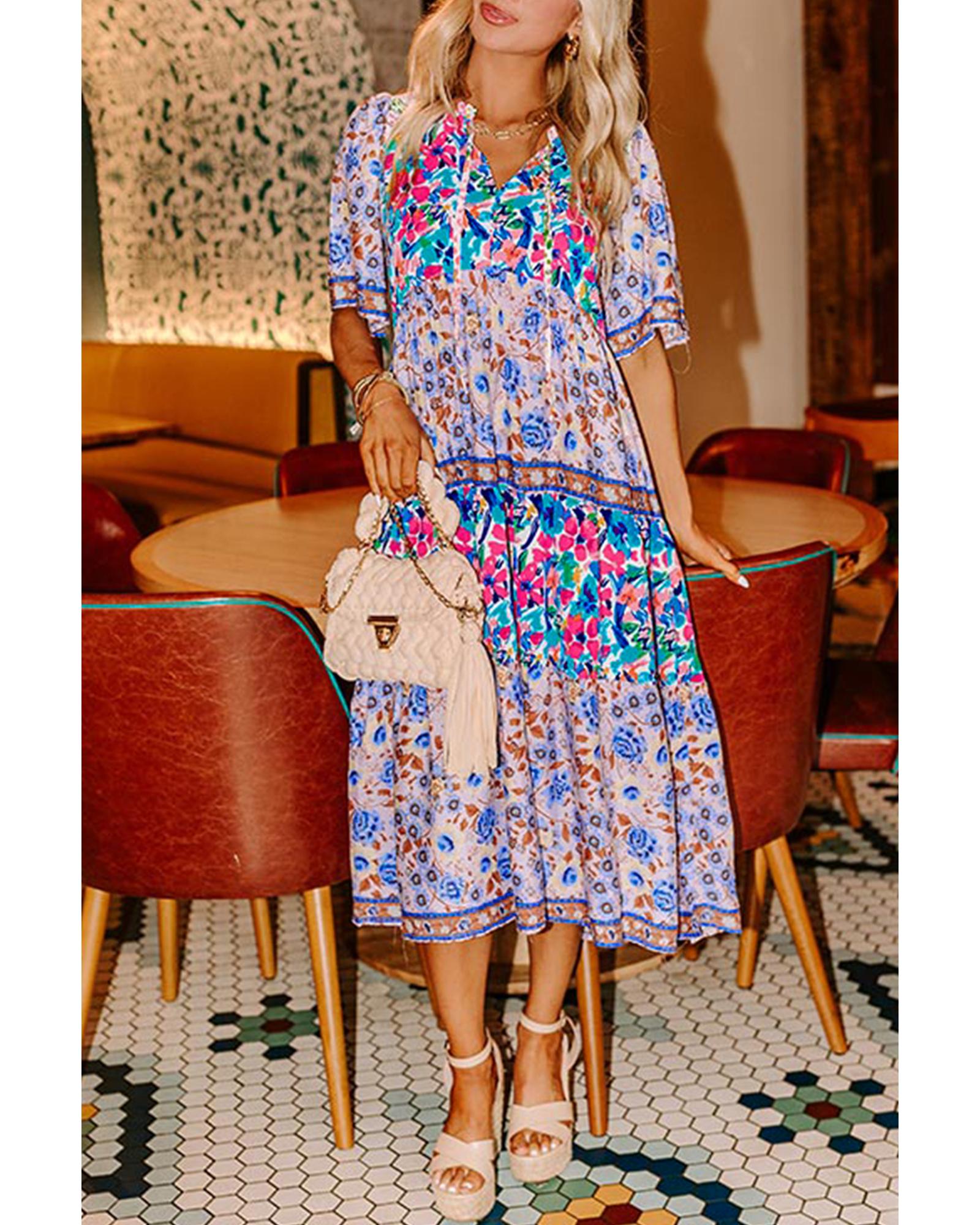 V539-AZEXDC6123261-P420-L-202508301040-00 Sky Blue Mixed Floral Print Tie Split Neck Short Sleeve Dress - L - Image 1