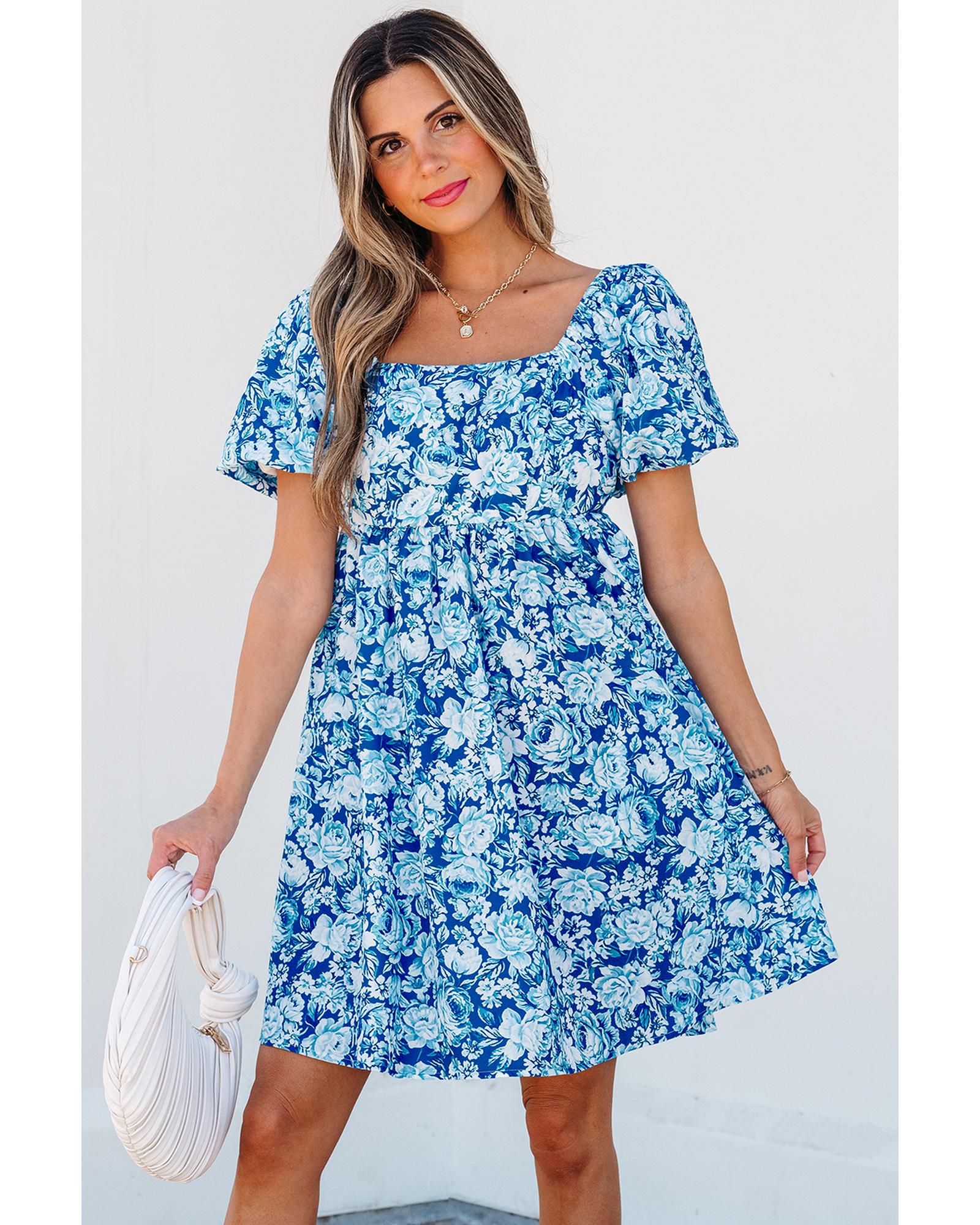 V539-AZEXDC6123428-P520-L-202508291640-00 Blue Floral Puff Sleeve Babydoll Mini Dress - L - Image 1