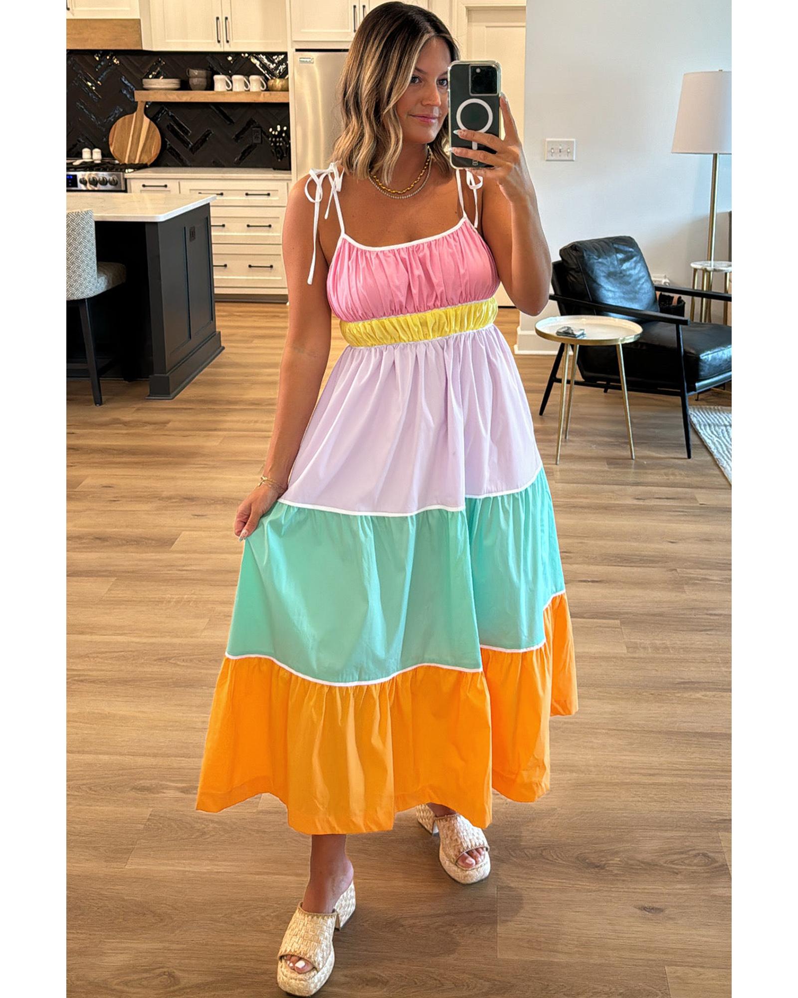 V539-AZEXDC6123437-P22-L-202508281010-00 Multicolour Colorblock Self-tie Straps High Waist Flowy Maxi Dress with Pockets - L - Image 1