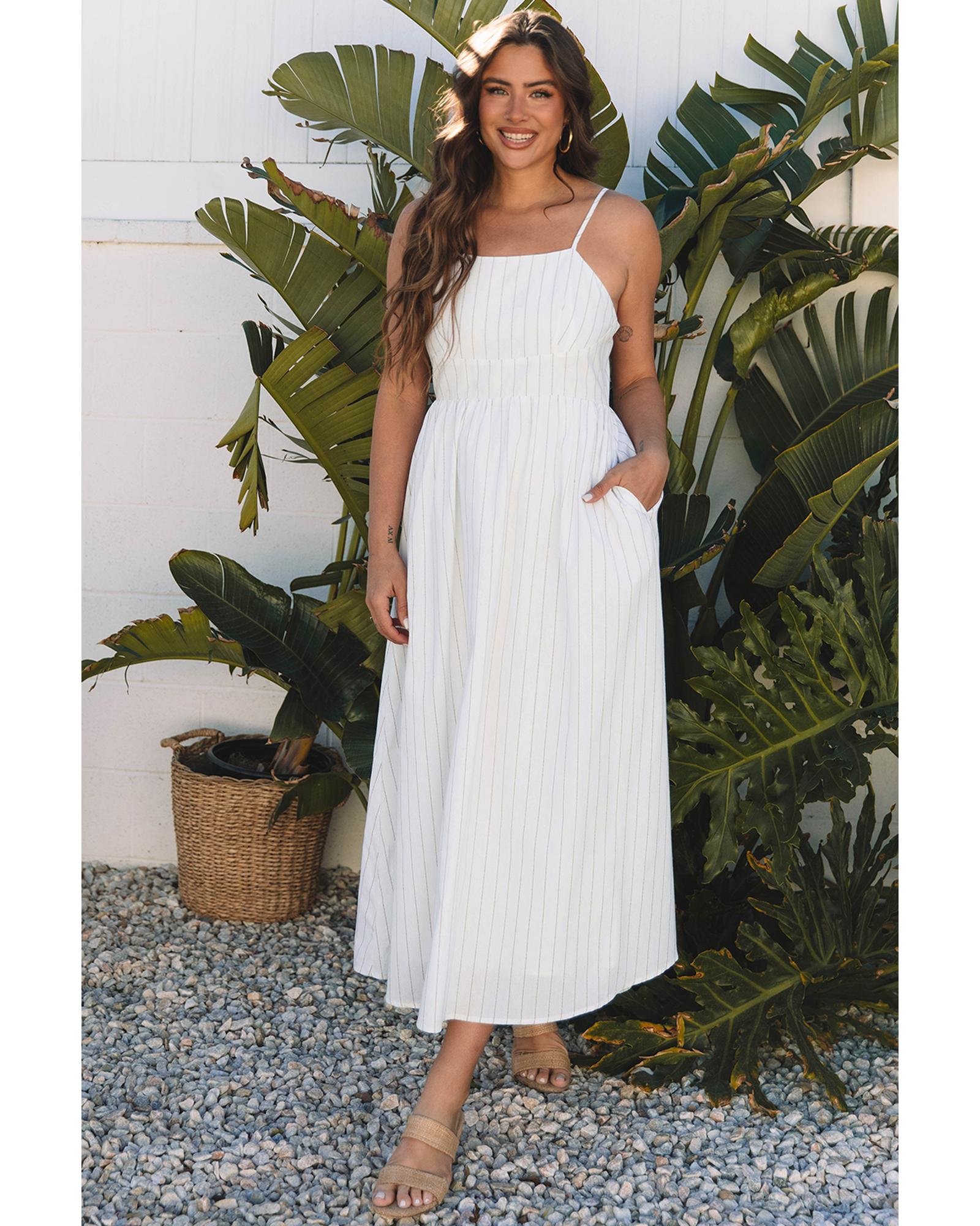 V539-AZEXDC6123482-P1519-XL-202508300650-00 Beige Stripe Spaghetti Strap Pocketed High Waist Maxi Dress - XL - Image 1