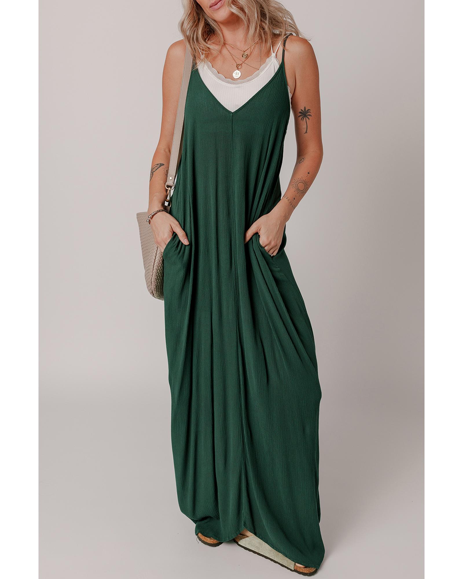 V539-AZEXDC6123502-P1309-L-202508280305-00 Duffel Green Spaghetti Straps Pocketed Slouchy Maxi Dress - L - Image 1