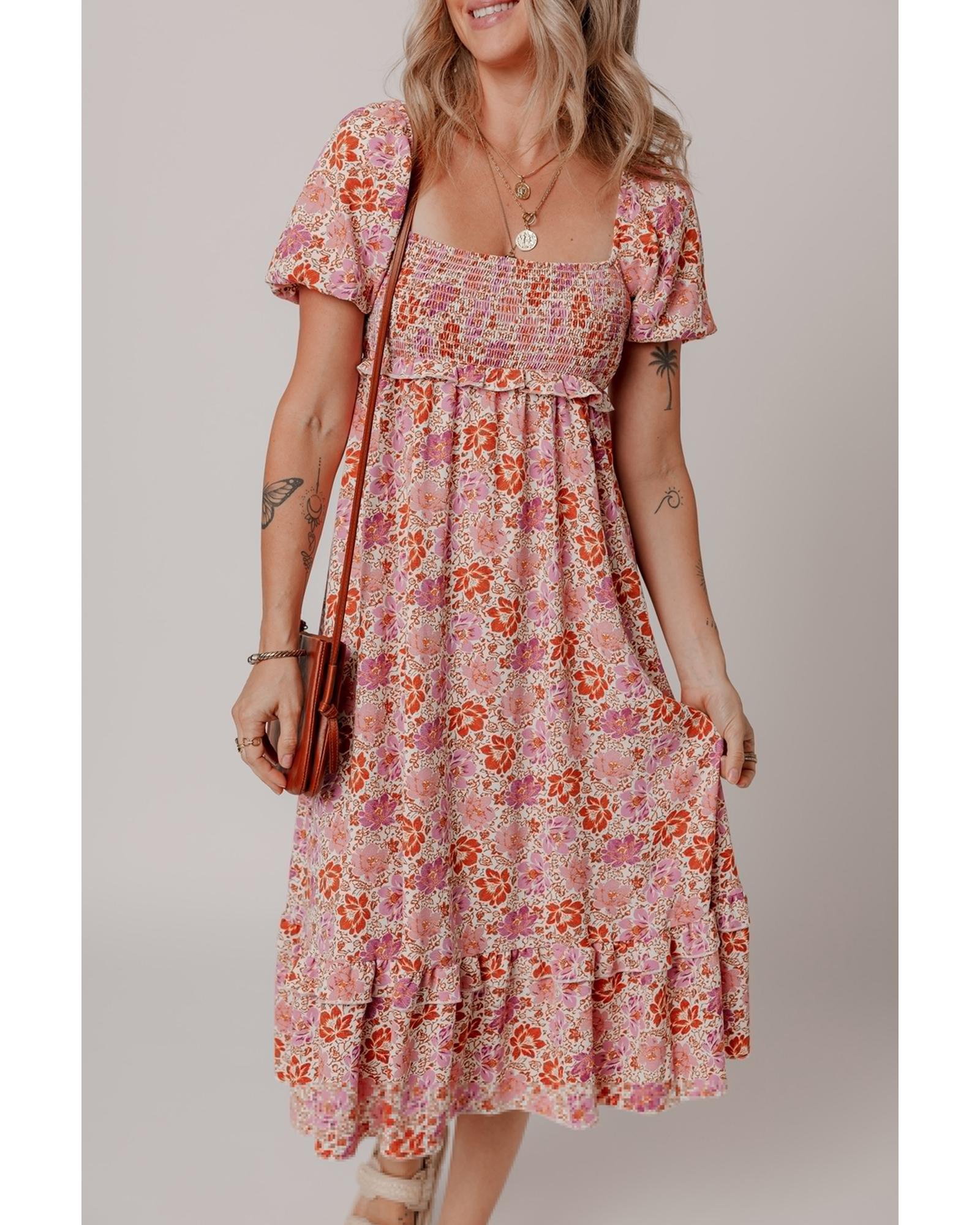V539-AZEXDC6123504-P1020-XL-202508290010-00 Pink Floral Square Neck Knotted Ruffle Midi Dress - XL - Image 1