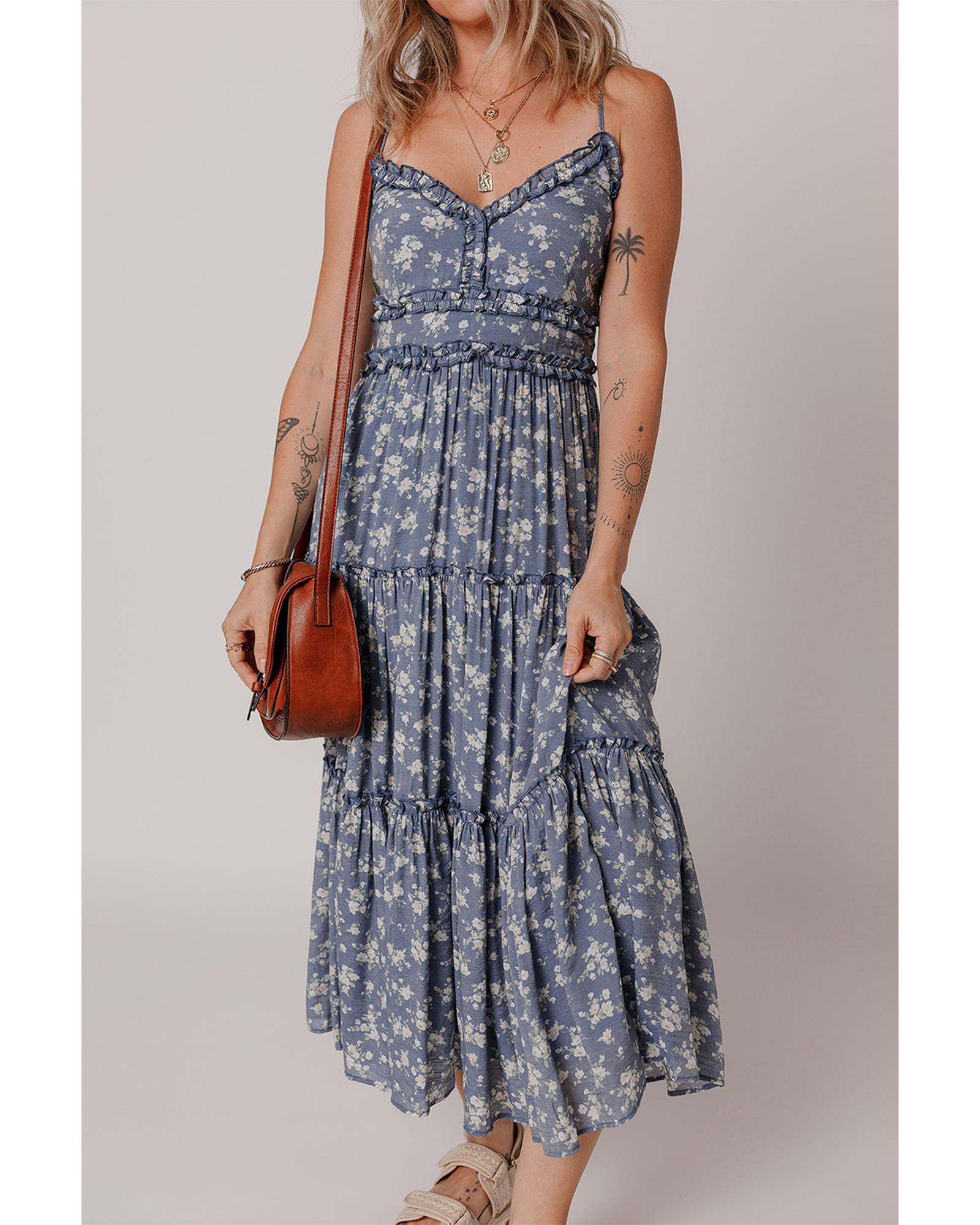 V539-AZEXDC6123506-P520-L-202508300030-00 Blue Floral Spaghetti Strap Frilled V Neck Tiered Midi Dress - L - Image 1