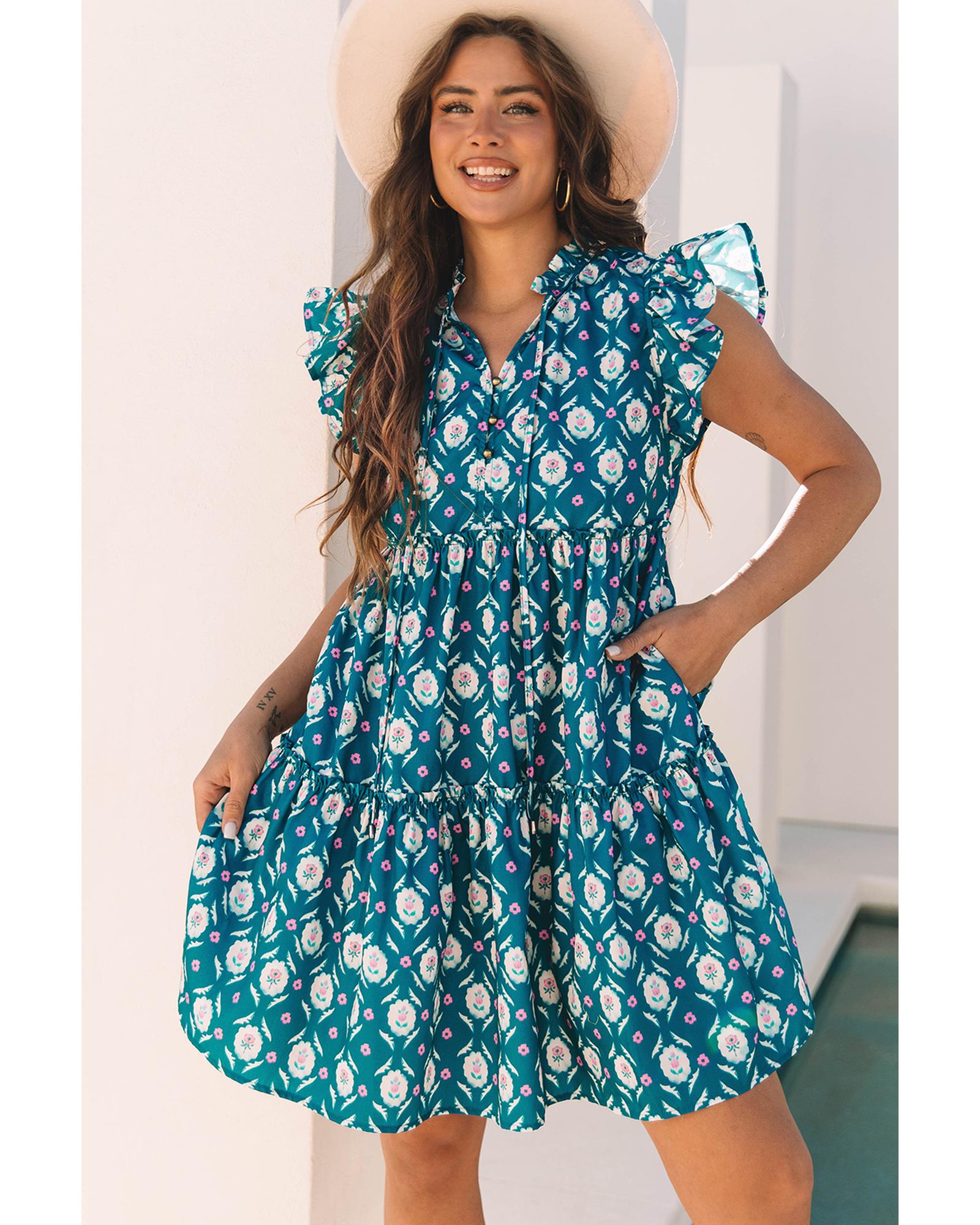 V539-AZEXDC6123515-P520-L-202508280550-00 Blue Retro Floral Print Split Neck Ruffle Short Sleeve Dress - L - Image 1