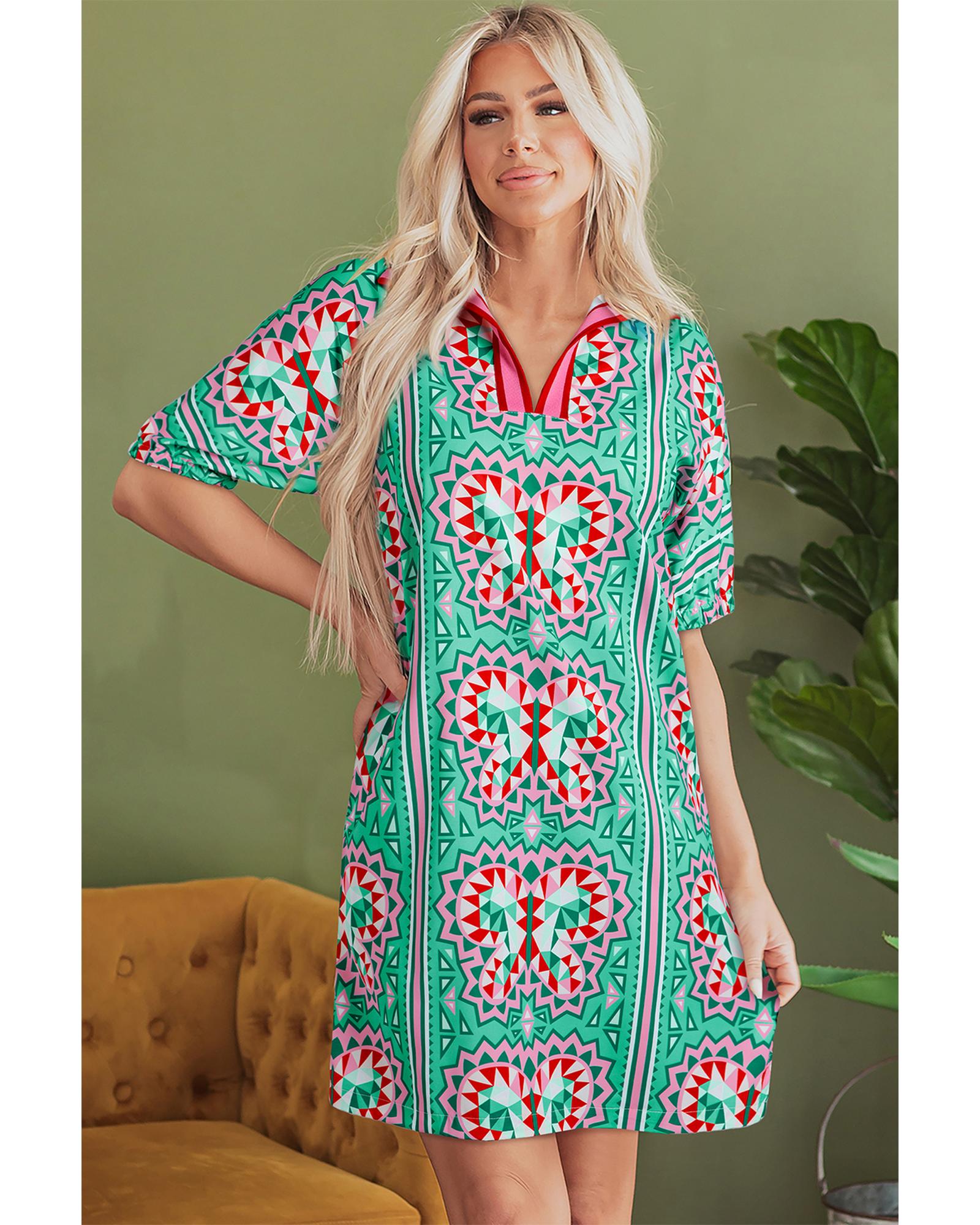 V539-AZEXDC6123590-P1009-L-202508300030-00 Mint Green Geometric Butterfly Print Split Neck Short Sleeve Dress - L - Image 1