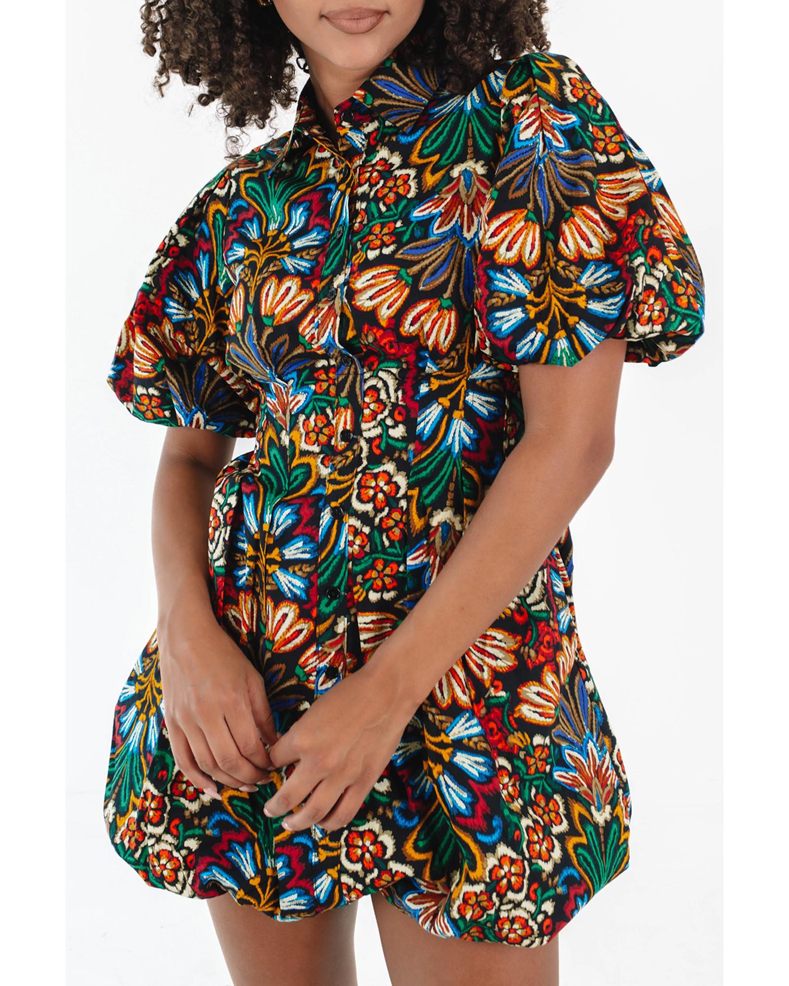 V539-AZEXDC6123626-P22-XL-202508292310-00 Multicolour Floral Puff Short Sleeve Shirt Mini Dress - XL - Image 1