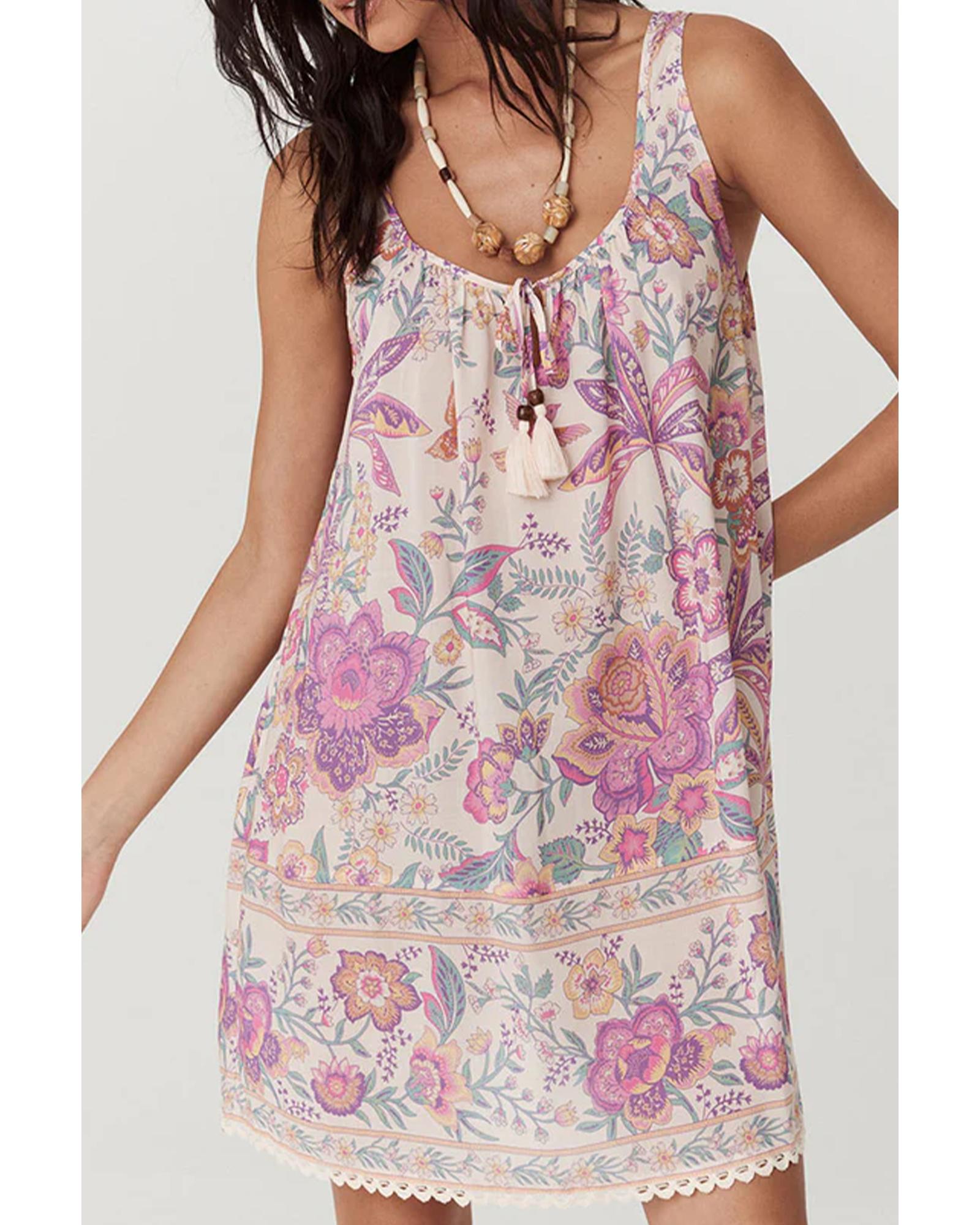 V539-AZEXDC6123636-P22-L-202508300305-00 Multicolour Floral Print Fringed Tie U Neck Sleeveless Mini Dress - L - Image 1