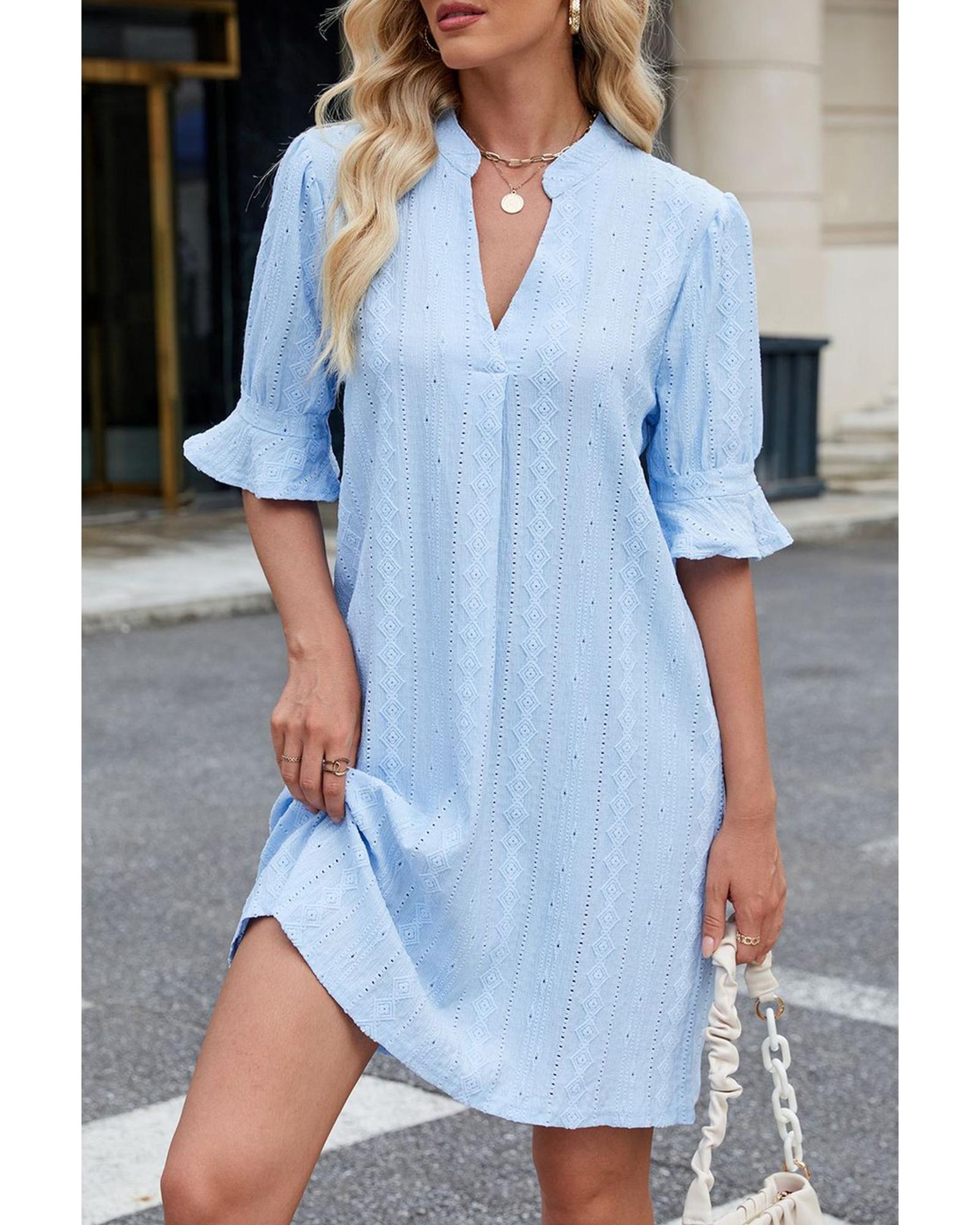 V539-AZEXDC6123657-P804-M-202508281155-00 Beau Blue Jacquard Texture Flared Short Sleeve Notched Neck Mini Dress - M - Image 1