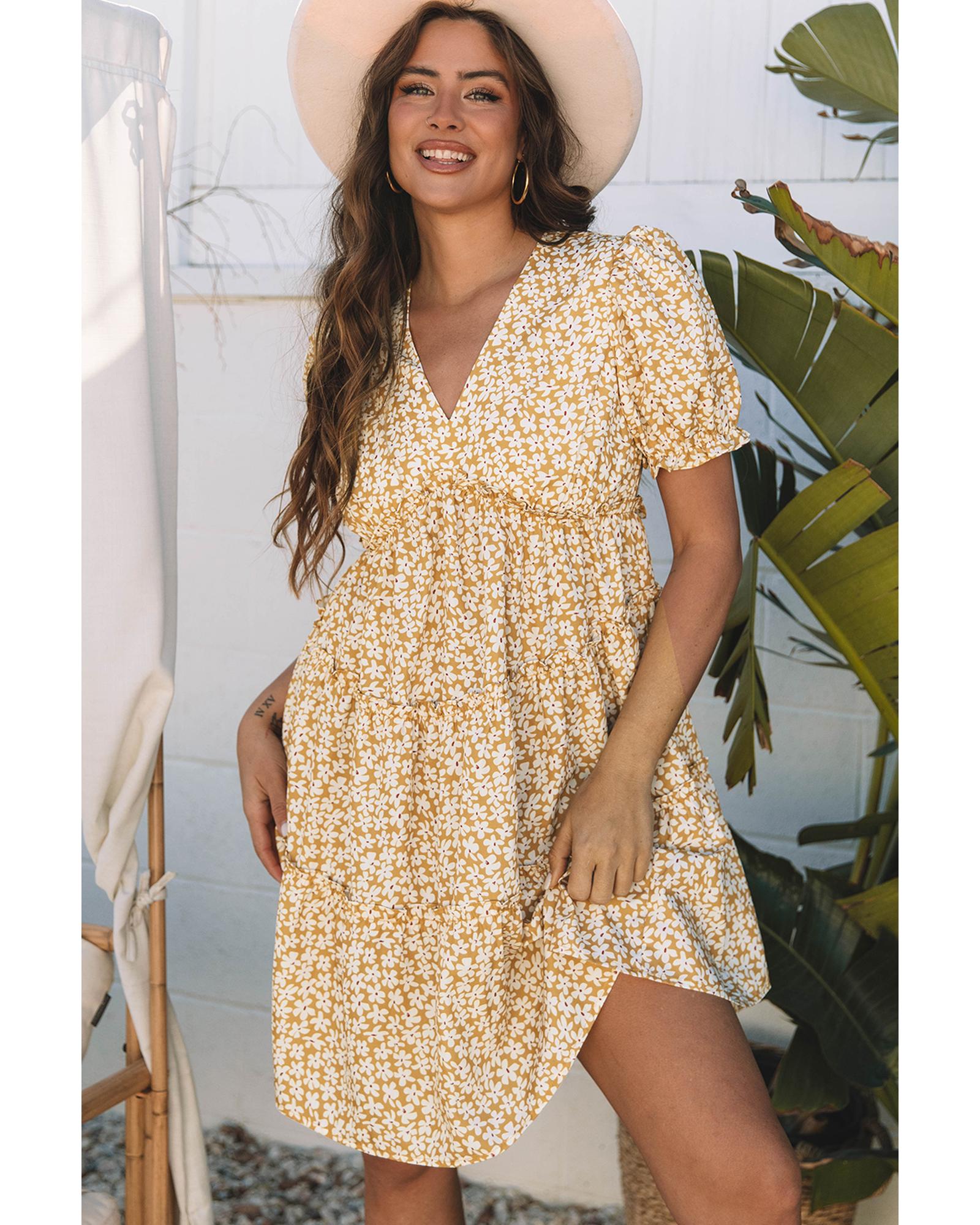 V539-AZEXDC6123658-P720-S-202506141822-00 Yellow Floral Short Sleeve V Neck Frilly Tiered Mini Dress - S - Image 1