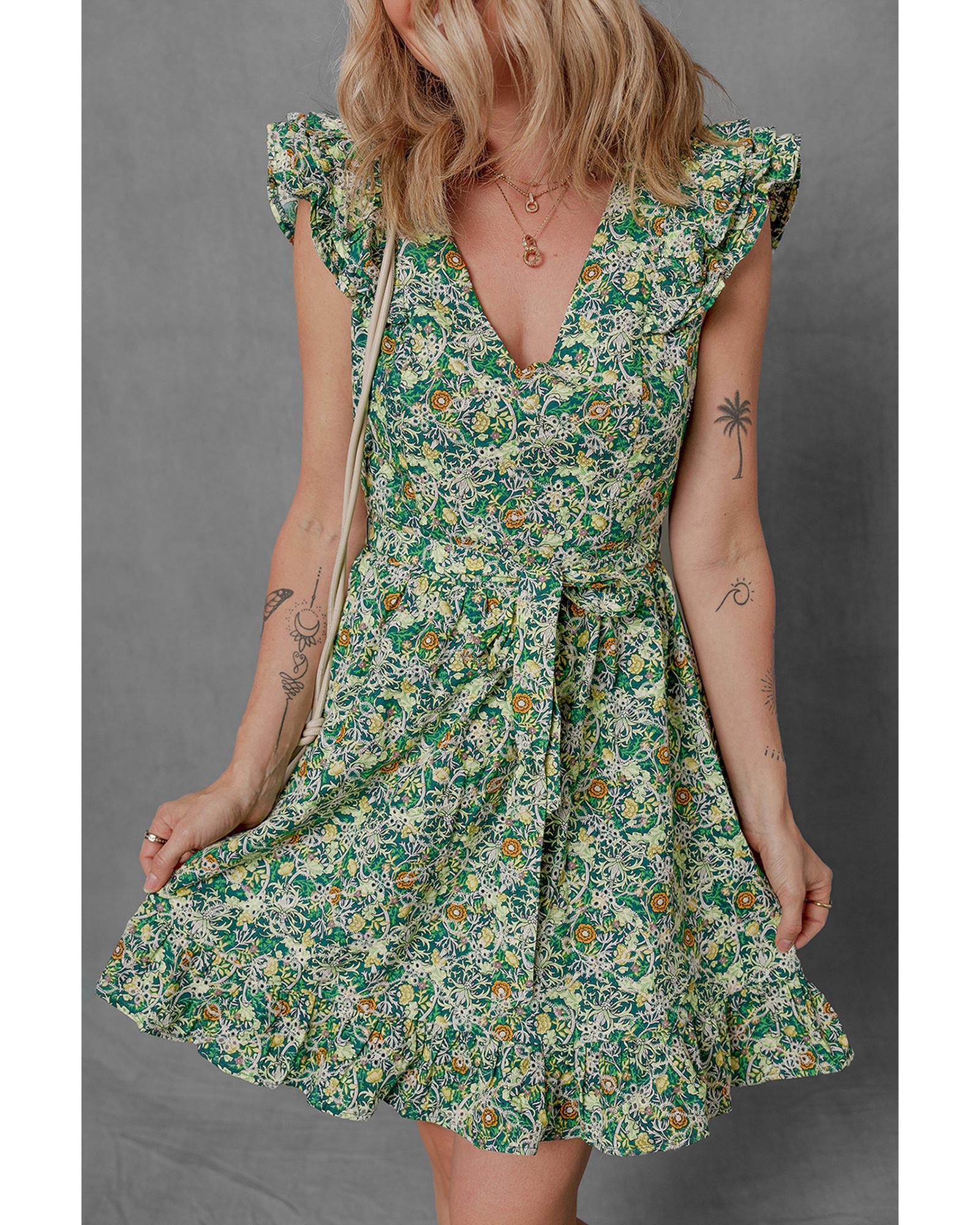 V539-AZEXDC6123661-P920-XL-202508280335-00 Green Flower Print Flutter Sleeve V Neck Sashed Ruffled Mini Dress - XL - Image 1