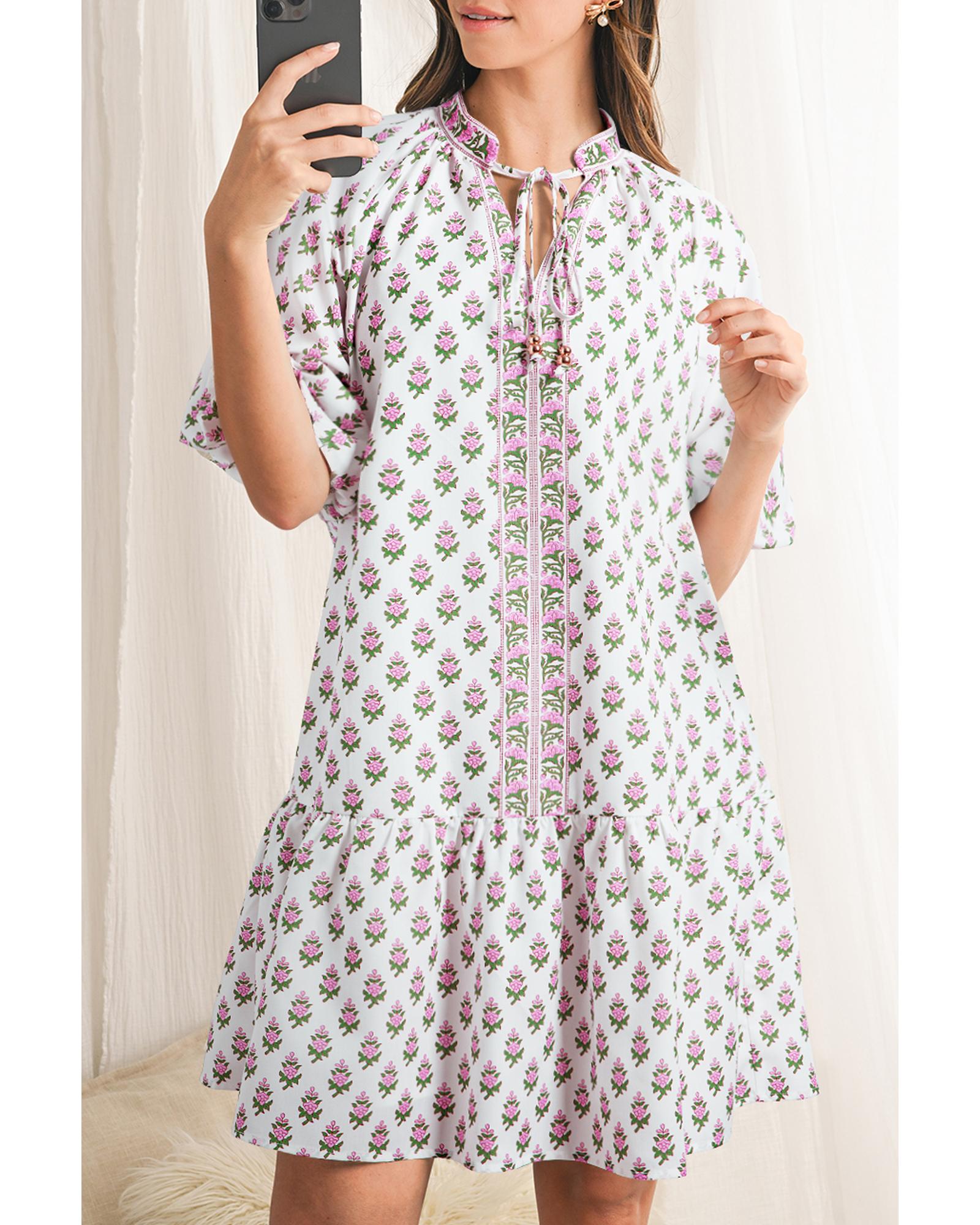 V539-AZEXDC6123687-P1020-XL-202508301735-00 Pink Floral Print Bubble Sleeve Neck Tie Ruffled Dress - XL - Image 1