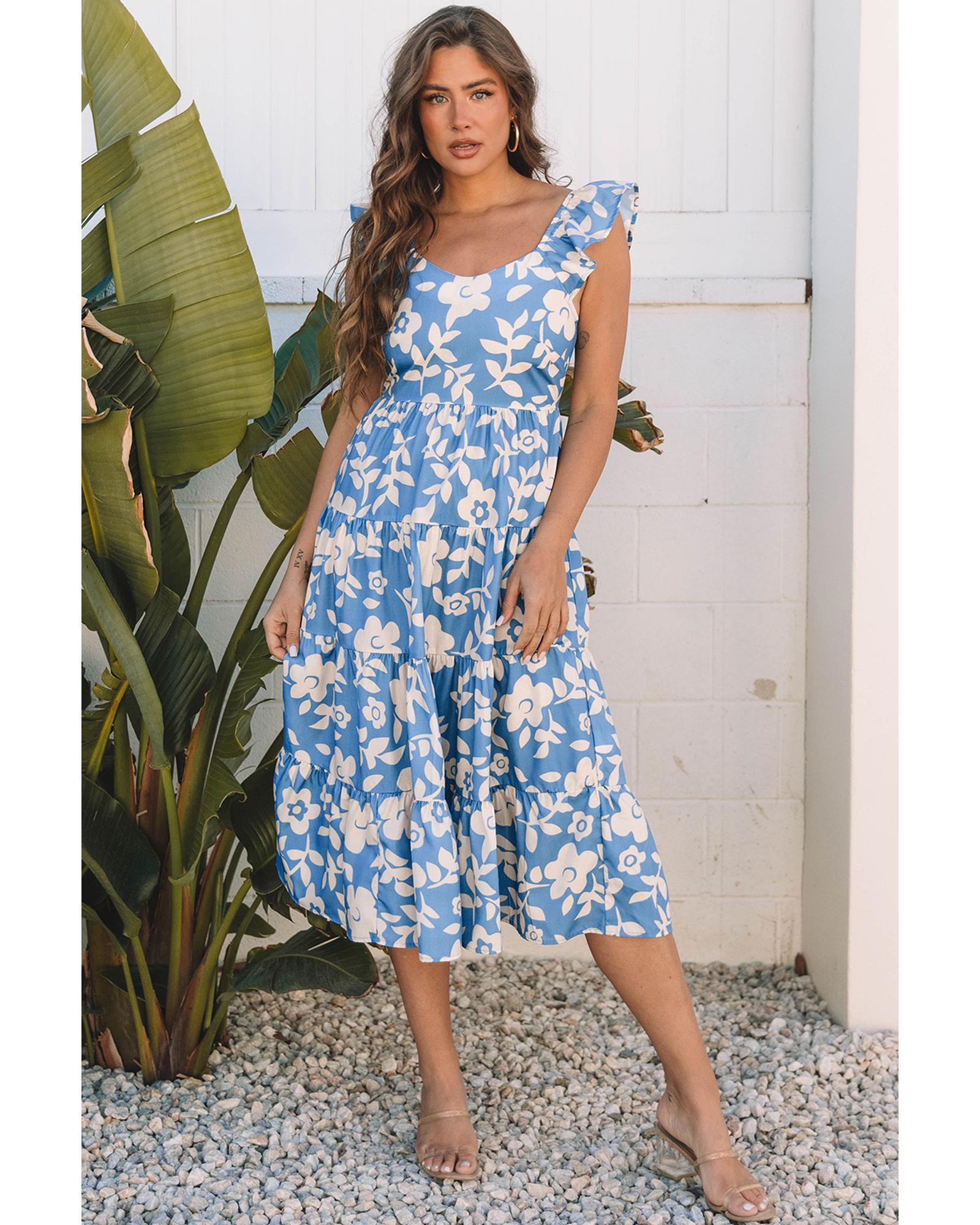 V539-AZEXDC6123697-P420-XL-202508302320-00 Sky Blue Floral U Neck Flutter Shoulder Tiered Flowy Midi Dress - XL - Image 1