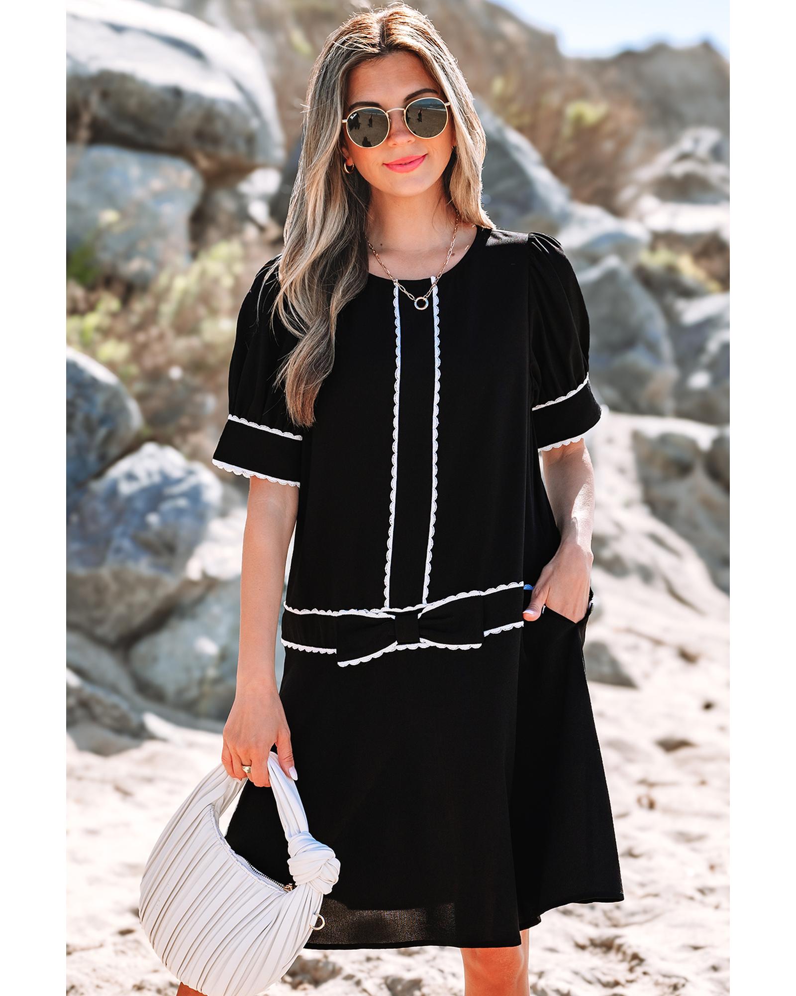 V539-AZEXDC6123738-P2-S-202506141842-00 Black Contrast Scallop Trim Bow Detail Half Sleeve Shift Dress - S - Image 1
