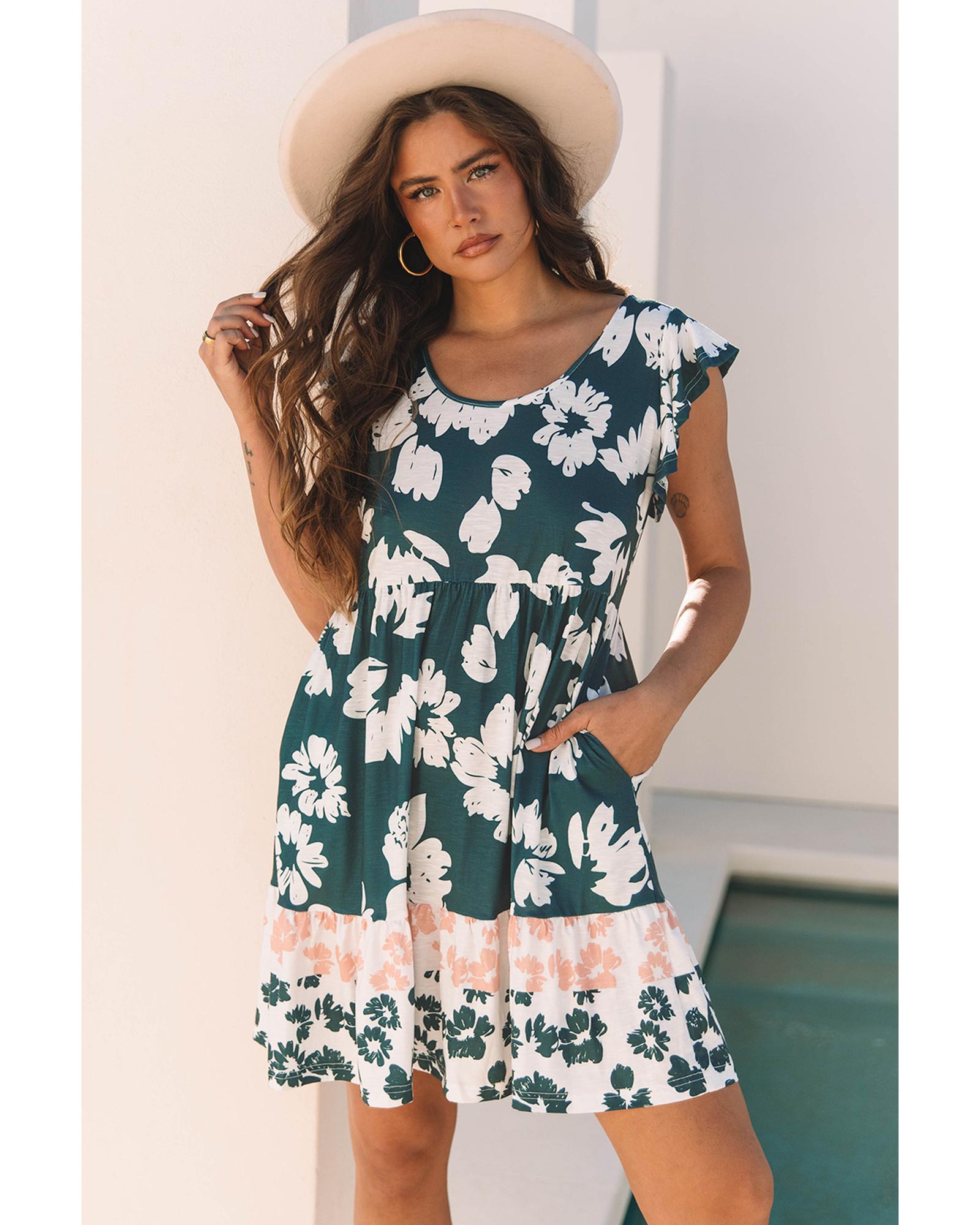 V539-AZEXDC6123748-P220-S-202506142306-00 Floral Print Ruffle Sleeve Empire Waist Mini Dress - S - Image 1