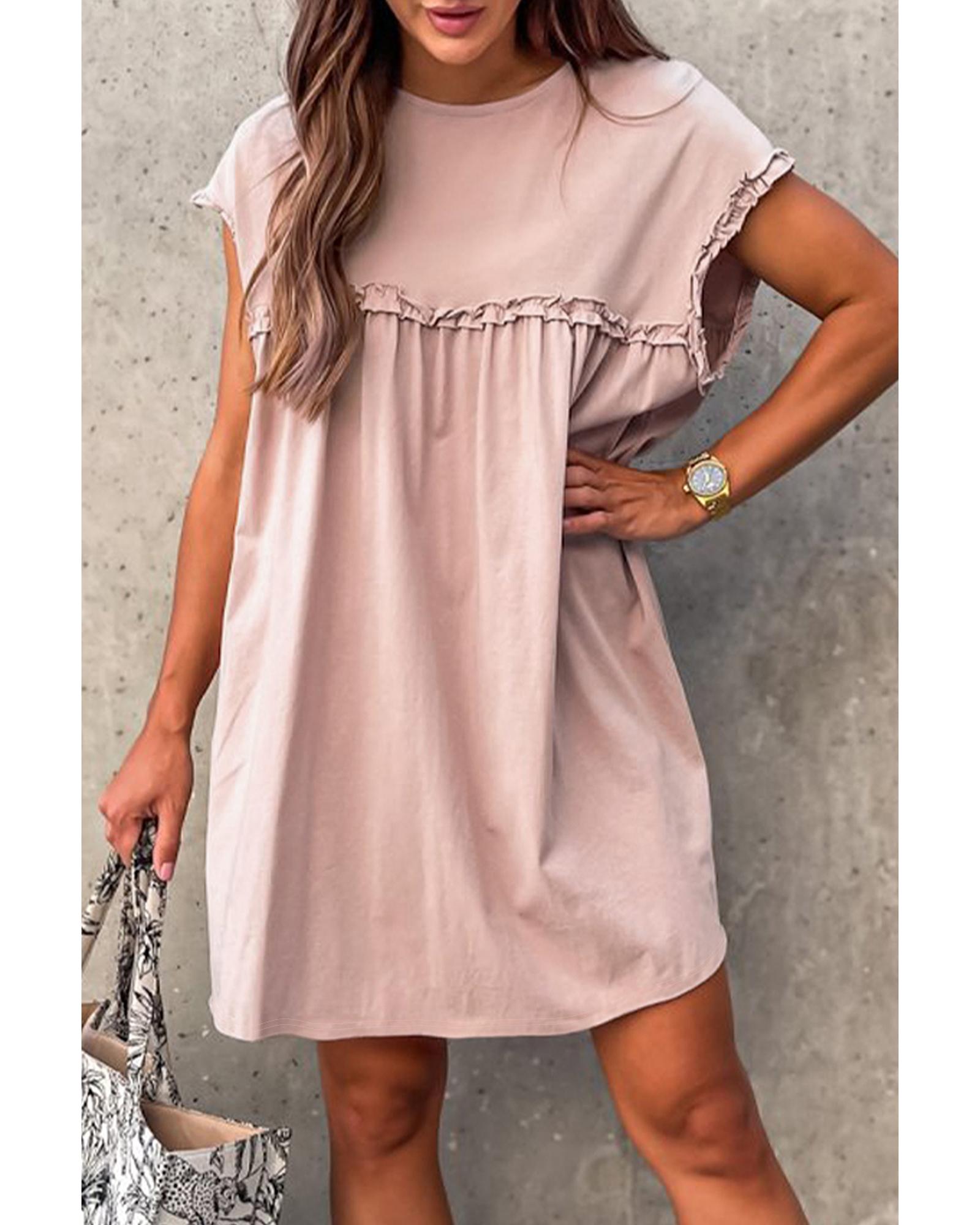 V539-AZEXDC6123791-P1015-S-202508301320-00 Oatmeal Frilled Trim Crew Neck Loose Fit Mini Dress - S - Image 1