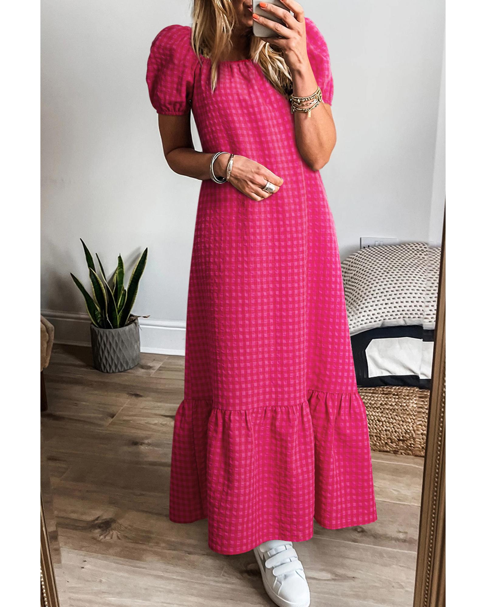 V539-AZEXDC6123941-P10620-L-202508301720-00 Rose Ginham Check Bubble Sleeve Ruffled Maxi Dress - L - Image 1