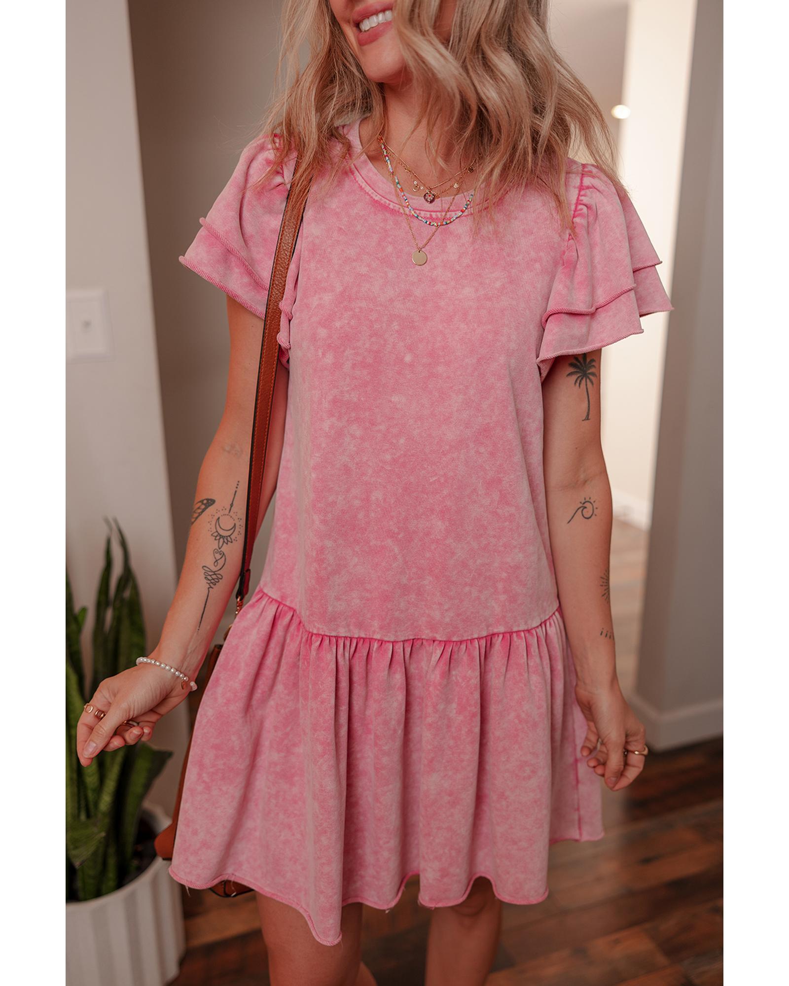 V539-AZEXDC6124021-P406-XL-202508302040-00 Sachet Pink Mineral Wash Raw Edge Ruffle Mini Dress - XL - Image 1