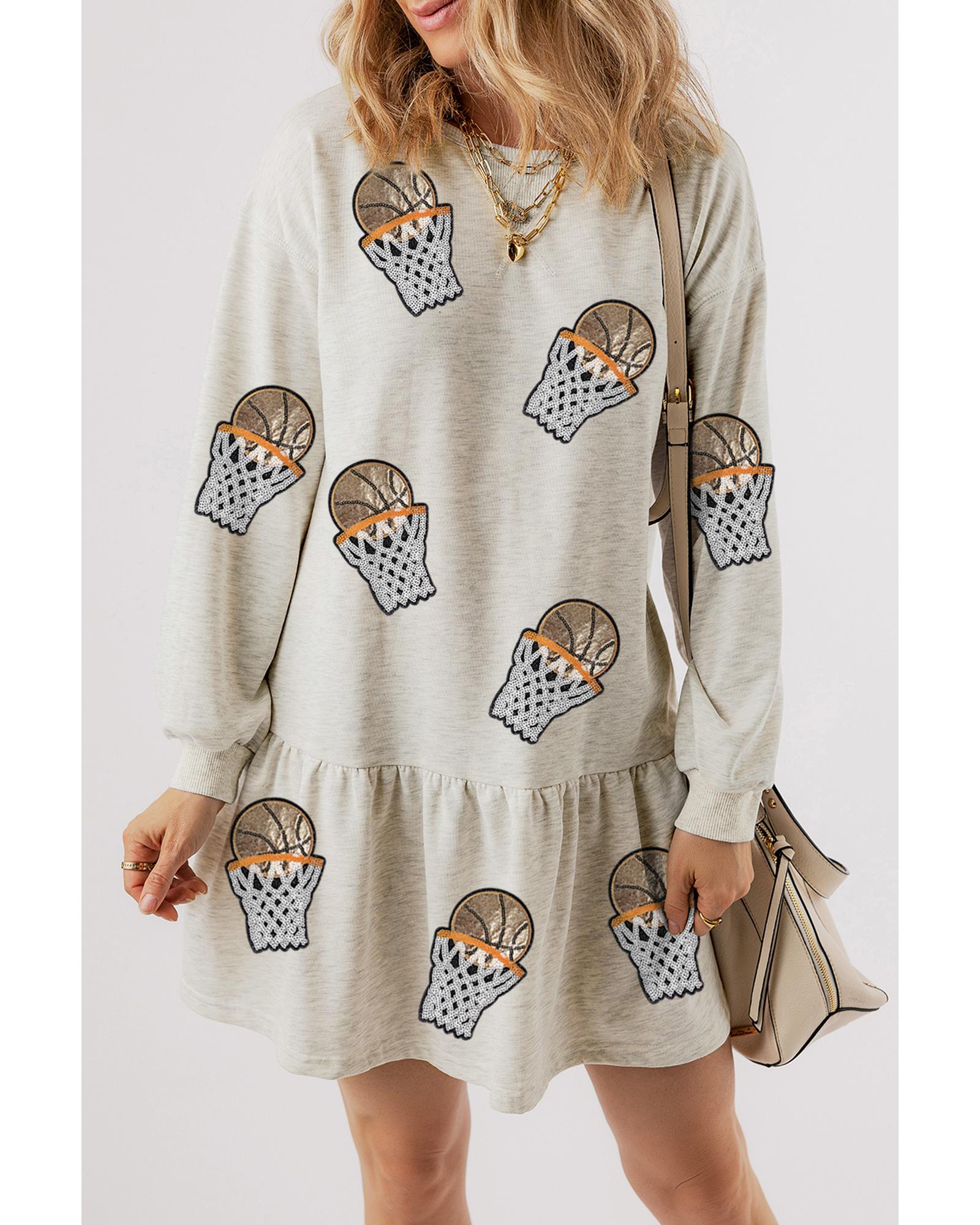 V539-AZEXDC6124102-1-M-202508301350-00 White Sequined Basketball Patched Ruffled Long Sleeve Mini Dress - M - Image 1