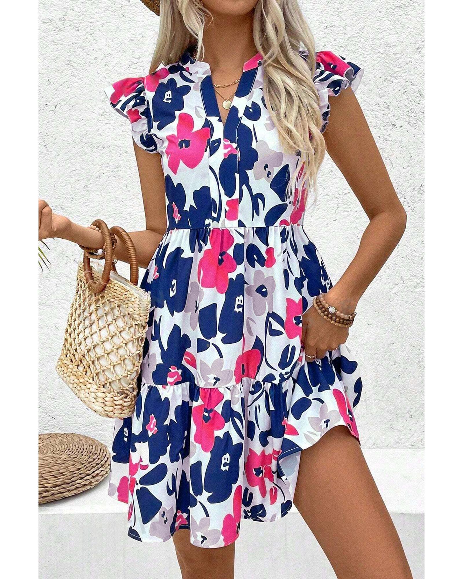 V539-AZEXDC6124168-P620-S-202508300725-00 Fashion Floral Print Notched Neck Flutter Sleeve Mini Dress - S - Image 1