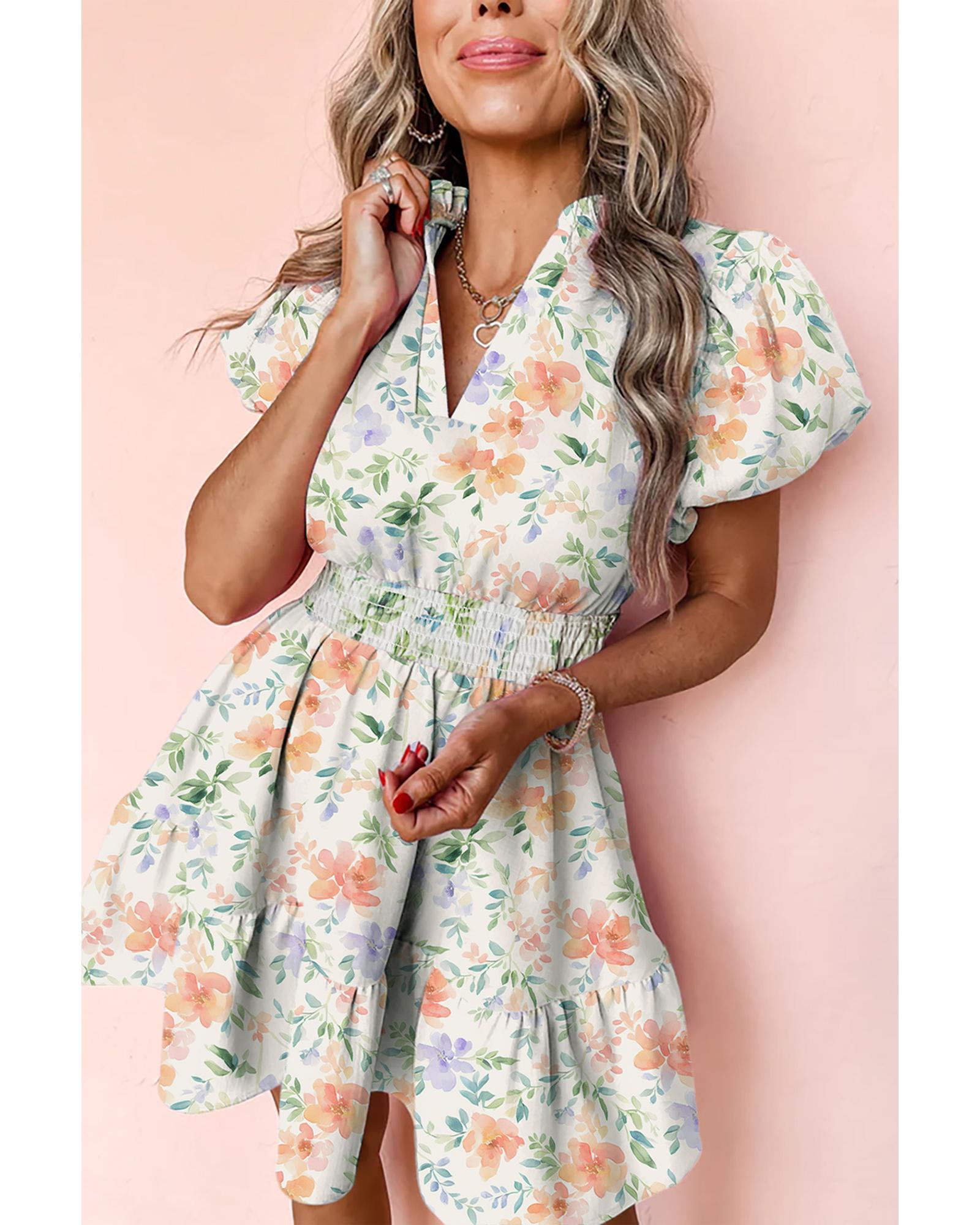 V539-AZEXDC6124189-P1520-S-202506142011-00 Beige Floral Print Shirred High Waist Puff Sleeve Mini Dress - S - Image 1