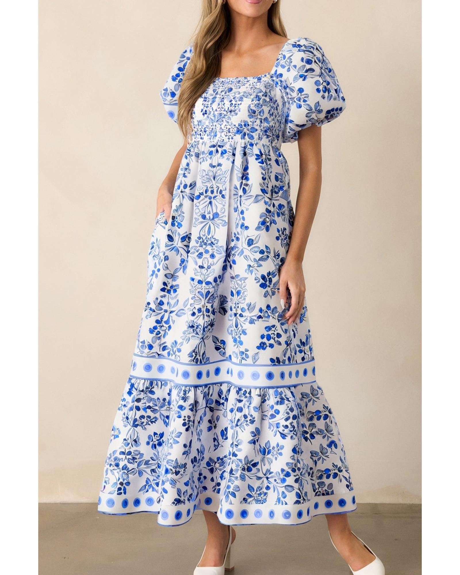 V539-AZEXDC6124196-P420-L-202508301530-00 Sky Blue Floral Print Square Neck Bubble Sleeve High Waist Maxi Dress - L - Image 1