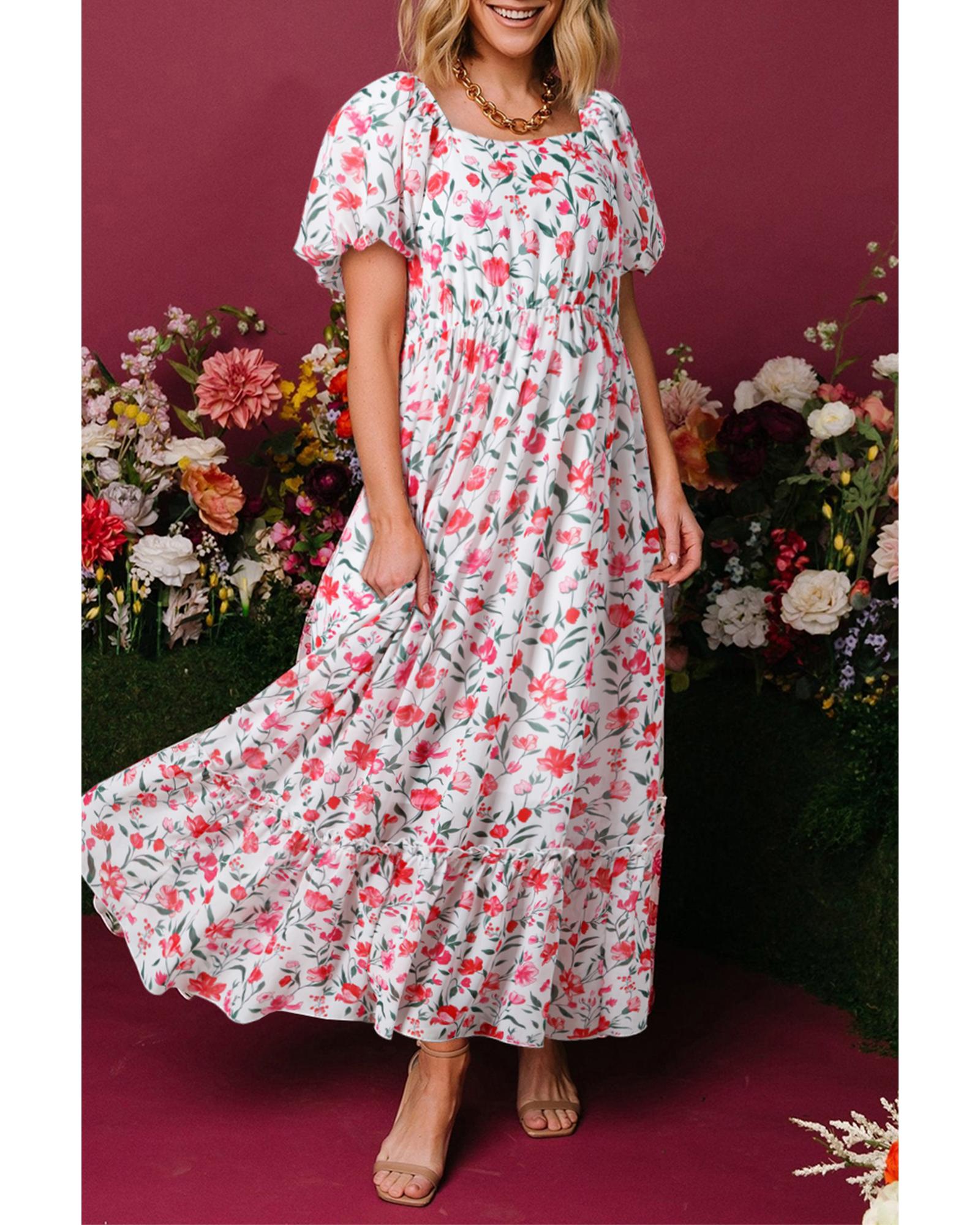 V539-AZEXDC6124210-P1020-L-202508301940-00 Pink Floral Puff Sleeve Square Neck Empire Waist Tiered Maxi Dress - L - Image 1