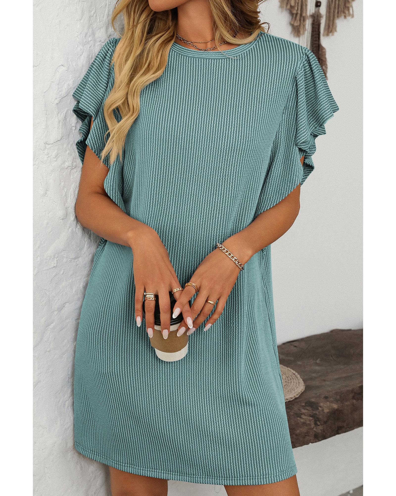 V539-AZEXDC6124232-P2609-S-202508310105-00 Canton Corded Ruffle Sleeve Crew Neck Shift Dress - S - Image 1