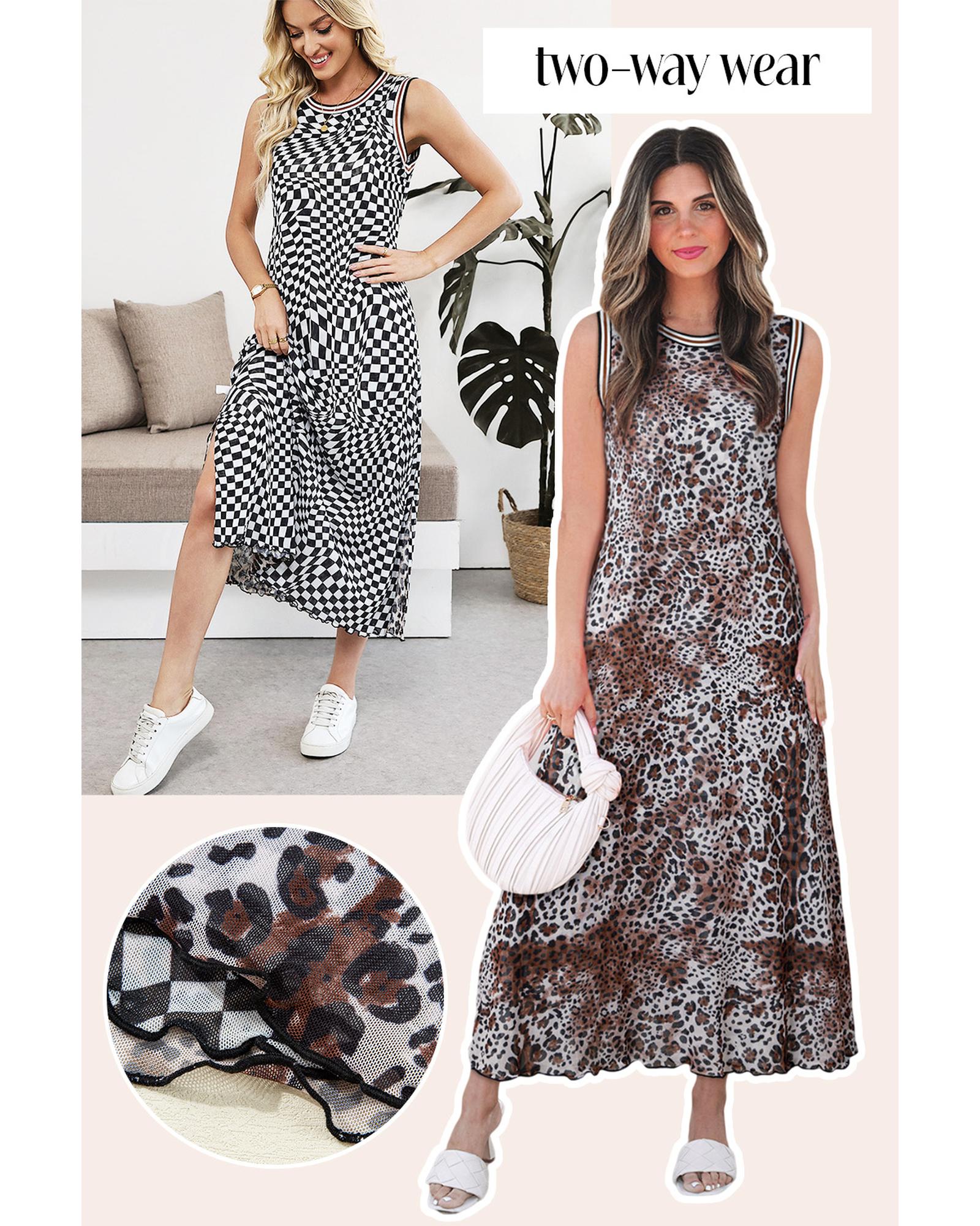 V539-AZEXDC6124310-P22-M-202508300905-00 Multicolour Leopard Checkered Double Printed Reversible Sleeveless Long Dress - M - Image 1