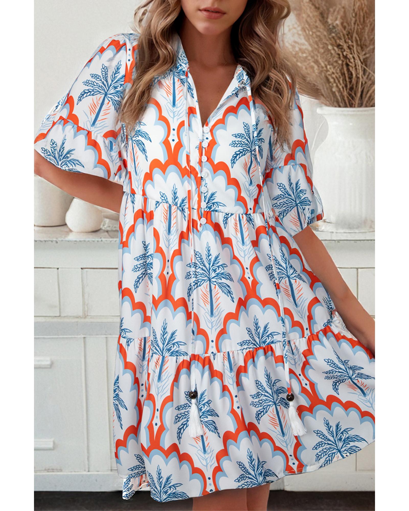 V539-AZEXDC6124688-P1420-S-202506142045-00 Orange Contrast Palm Tree Printed Short Sleeve Flowy Dress - S - Image 1