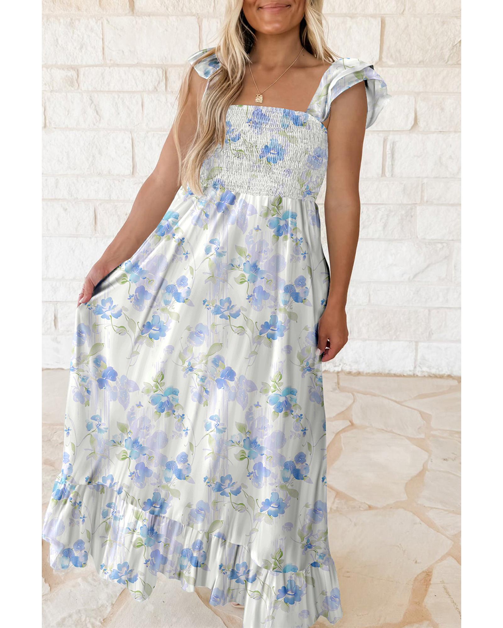 V539-AZEXDC6124743-P420-M-202508282010-00 Sky Blue Floral Smocked High Waist Double Ruffle Sleeveless Long Dress - M - Image 1
