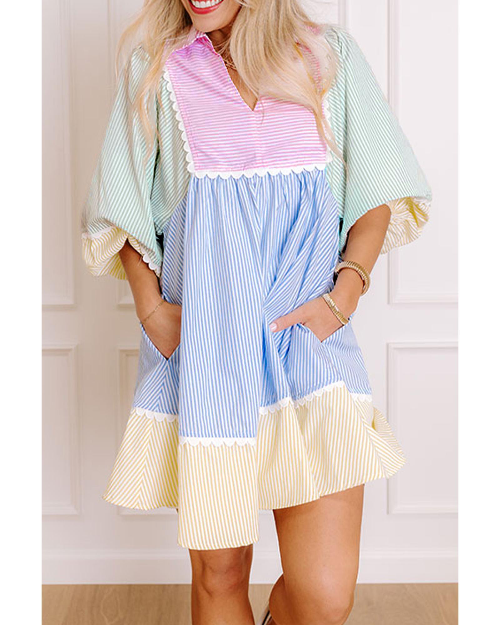 V539-AZEXDC6124789-P22-S-202506142053-00 Multicolour Striped Patchwork Ric Rac Puff Sleeve Collared Mini Dress - S - Image 1