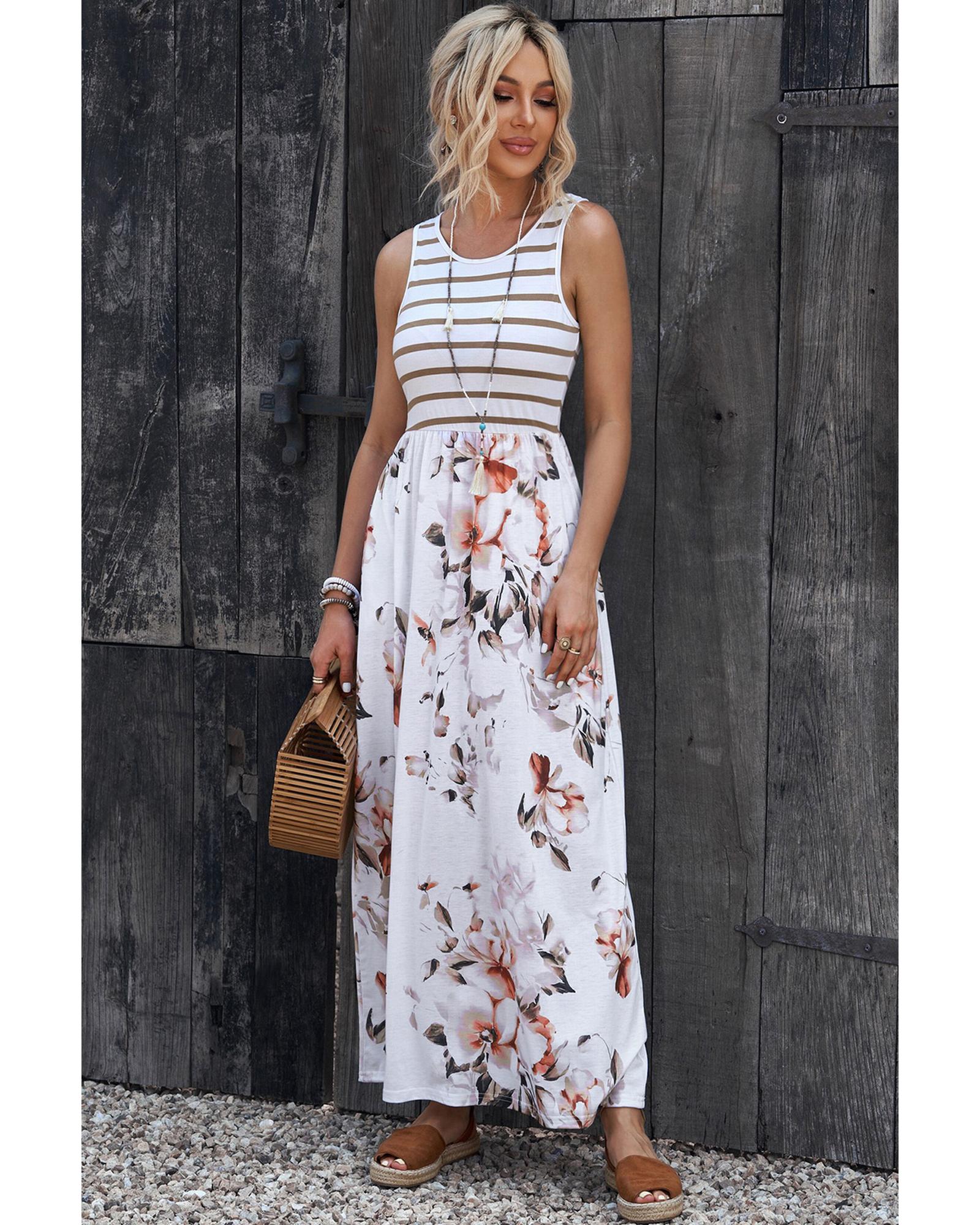 V539-AZEXDC619679-1-S-202506142136-00 Azura Exchange White Striped Floral Print Sleeveless Maxi Dress with Pocket - S - Image 1