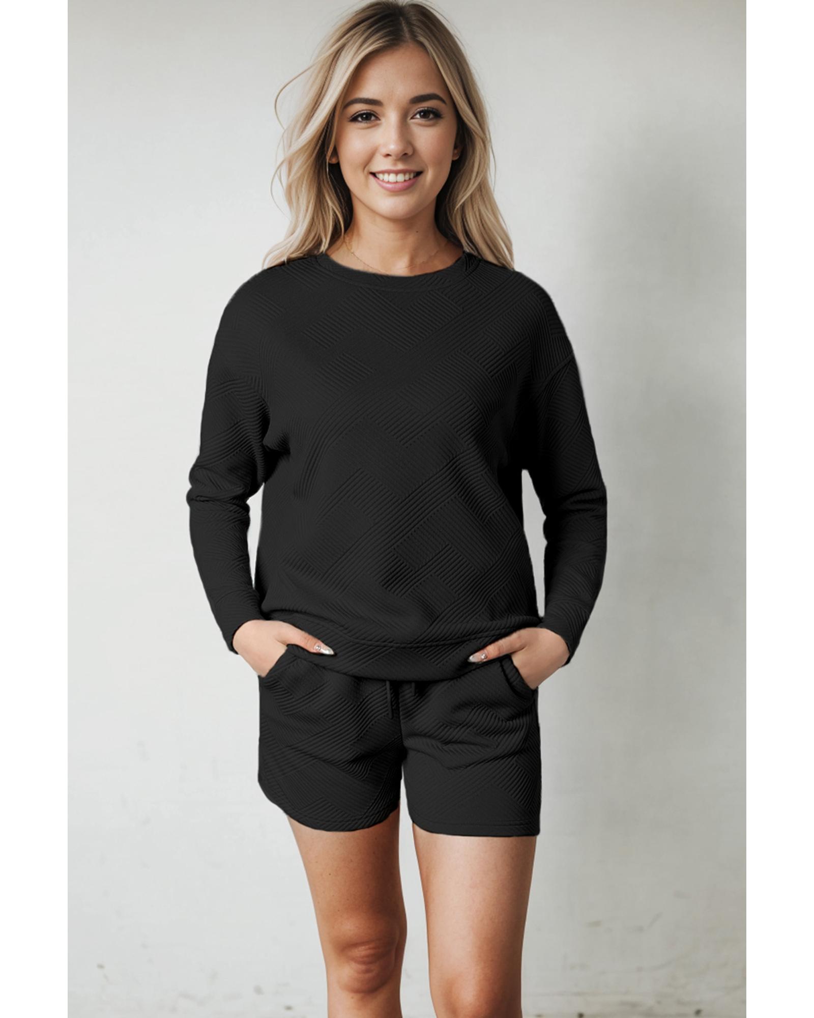 V539-AZEXDC625104-2-M-202508300245-00 Black Textured Long Sleeve Top and Drawstring Shorts Set - M - Image 1