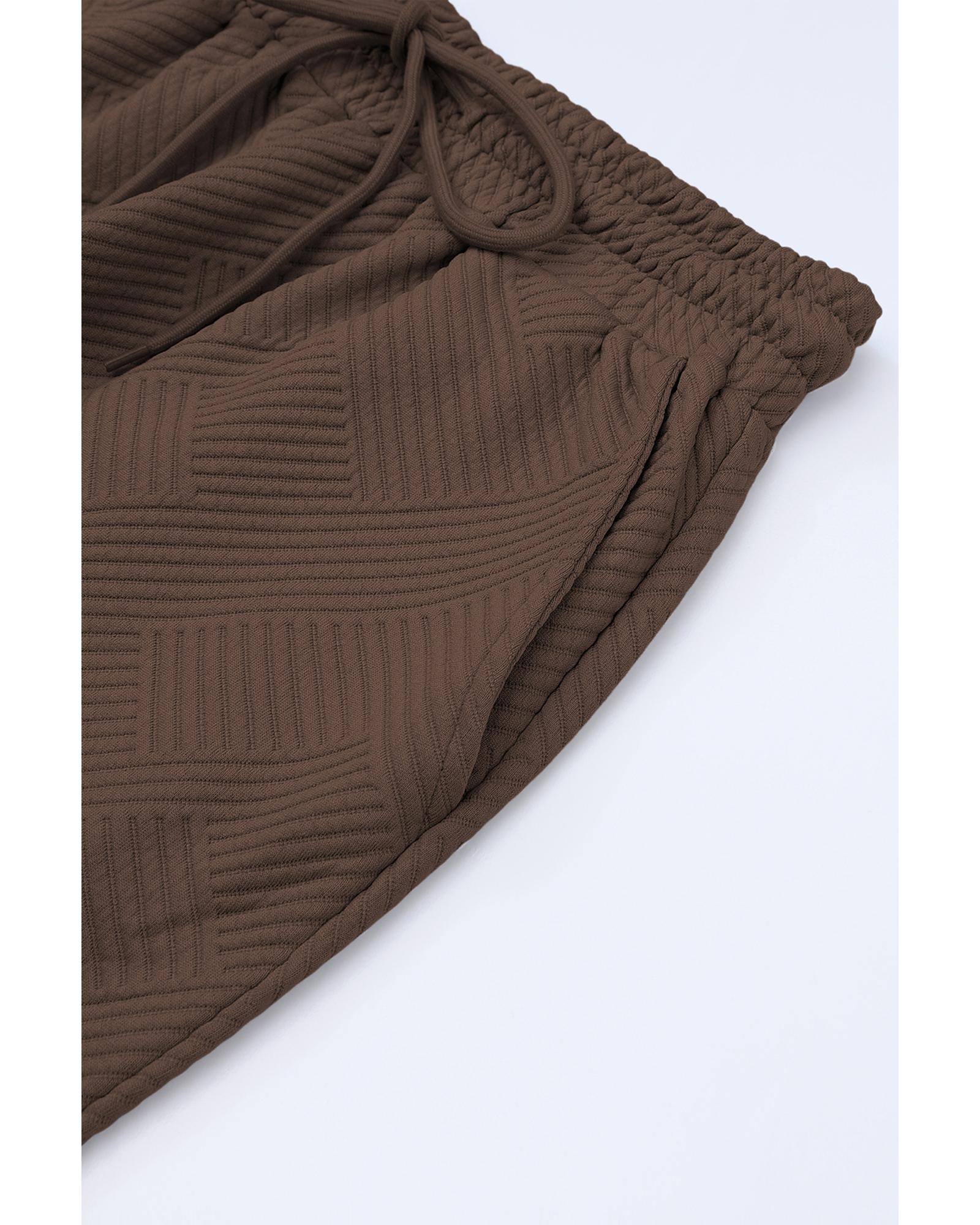 V539-AZEXDC625264-17-S-202506142221-00 Brown Textured Loose Fit T Shirt and Drawstring Pants Set - S - Image 1