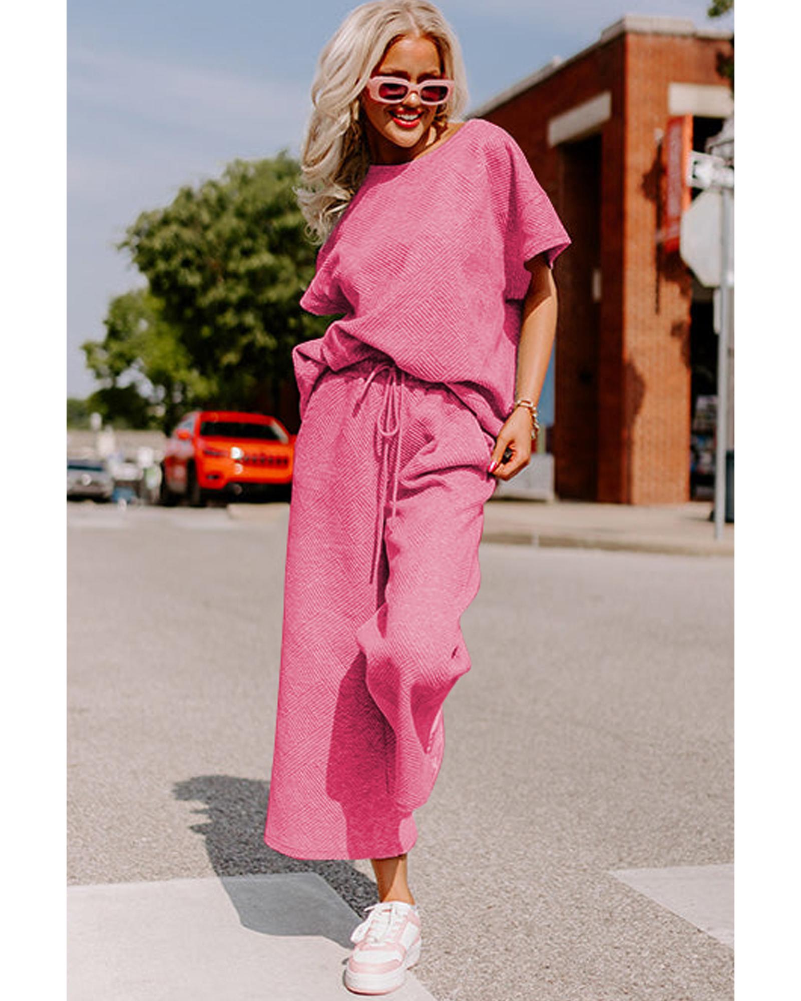 V539-AZEXDC625264-P306-L-202508280850-00 Strawberry Pink Textured Loose Fit T Shirt and Drawstring Pants Set - L - Image 1