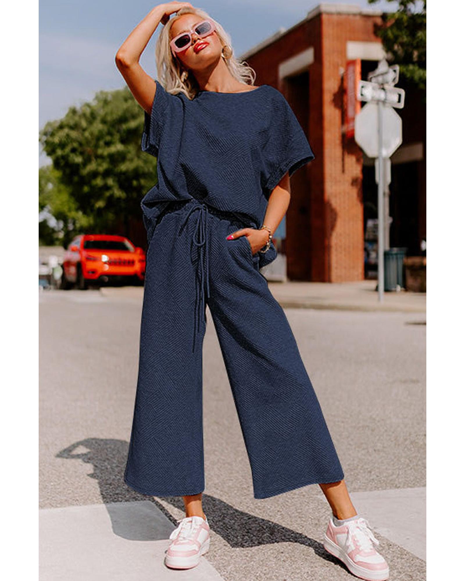 V539-AZEXDC625264-P605-L-202508292155-00 Navy Blue Textured Loose Fit T Shirt and Drawstring Pants Set - L - Image 1