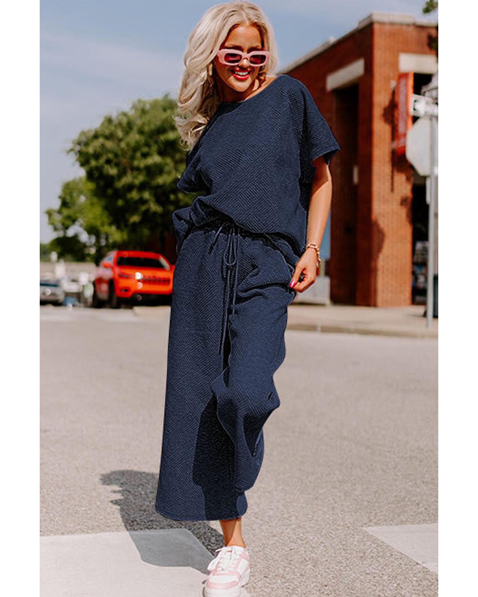 V539-AZEXDC625264-P605-S-202506142237-00 Navy Blue Textured Loose Fit T Shirt and Drawstring Pants Set - S - Image 1