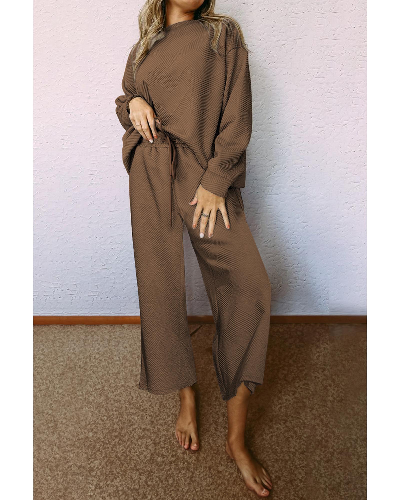 V539-AZEXDC625266-P5017-M-202508301335-00 Dark Brown Ultra Loose Textured 2pcs Slouchy Outfit - M - Image 1