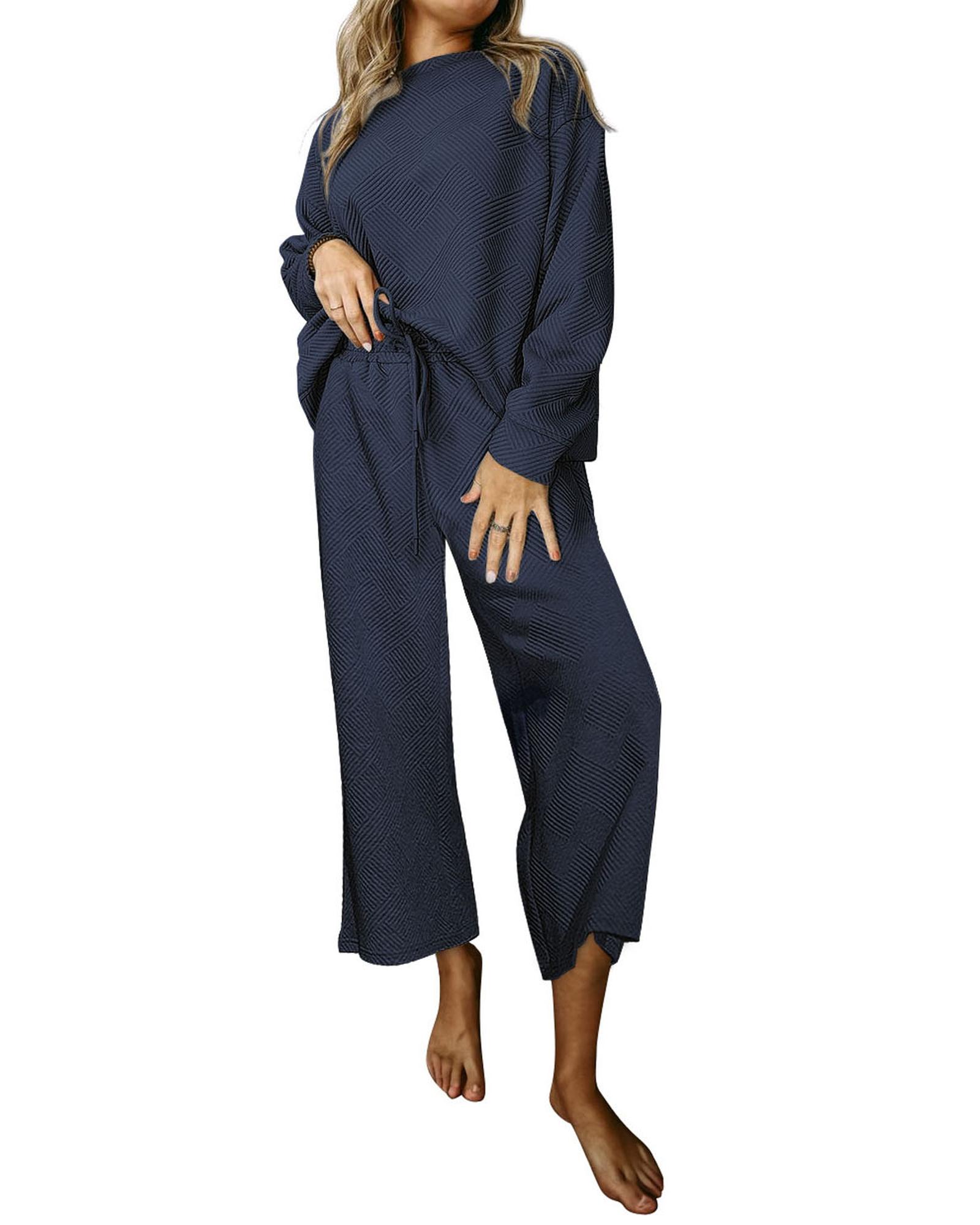 V539-AZEXDC625266-P605-M-202508301915-00 Navy Blue Ultra Loose Textured 2pcs Slouchy Outfit - M - Image 1