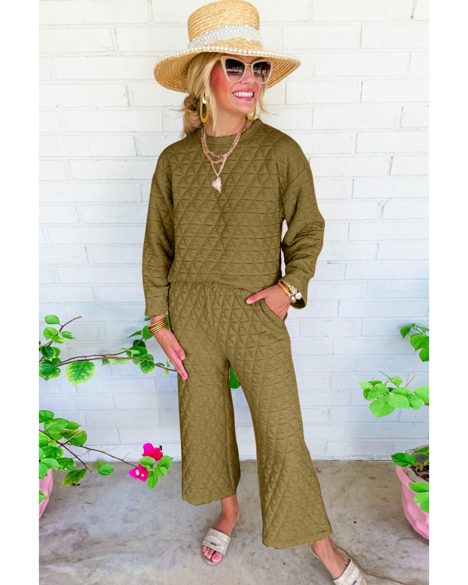 V539-AZEXDC625348-P909-S-202506141942-00 Sage Green Solid Quilted Pullover and Pants Outfit - S - Image 1