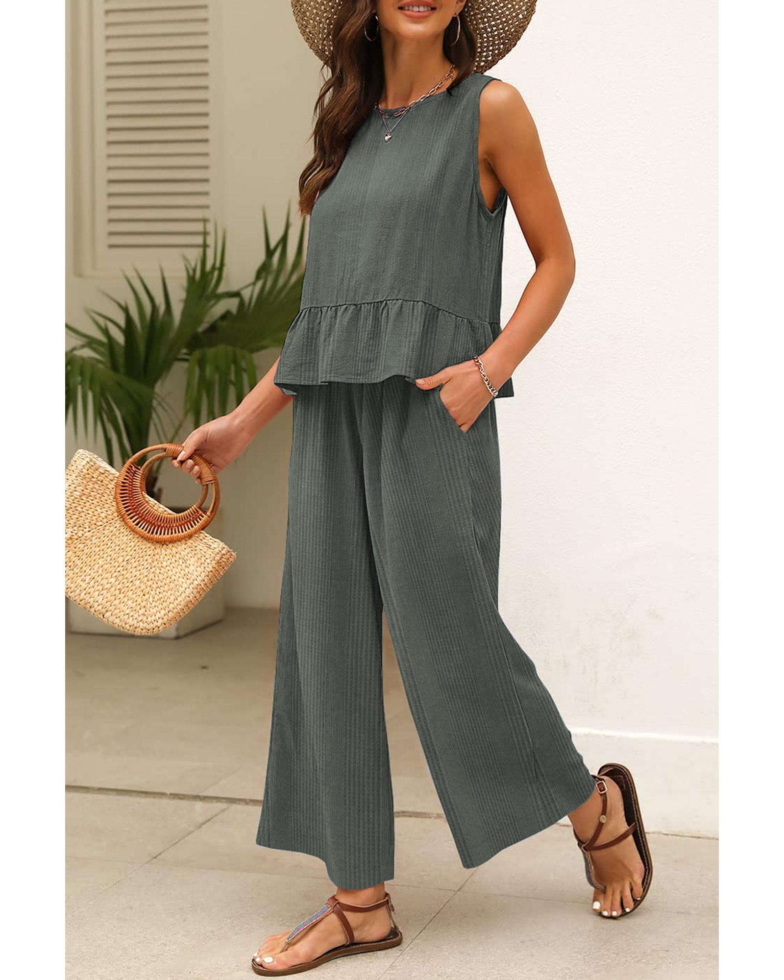 V539-AZEXDC625498-P1309-L-202508301230-00 Duffel Green Solid Color Ribbed Ruffle Tank Top and Pants Set - L - Image 1