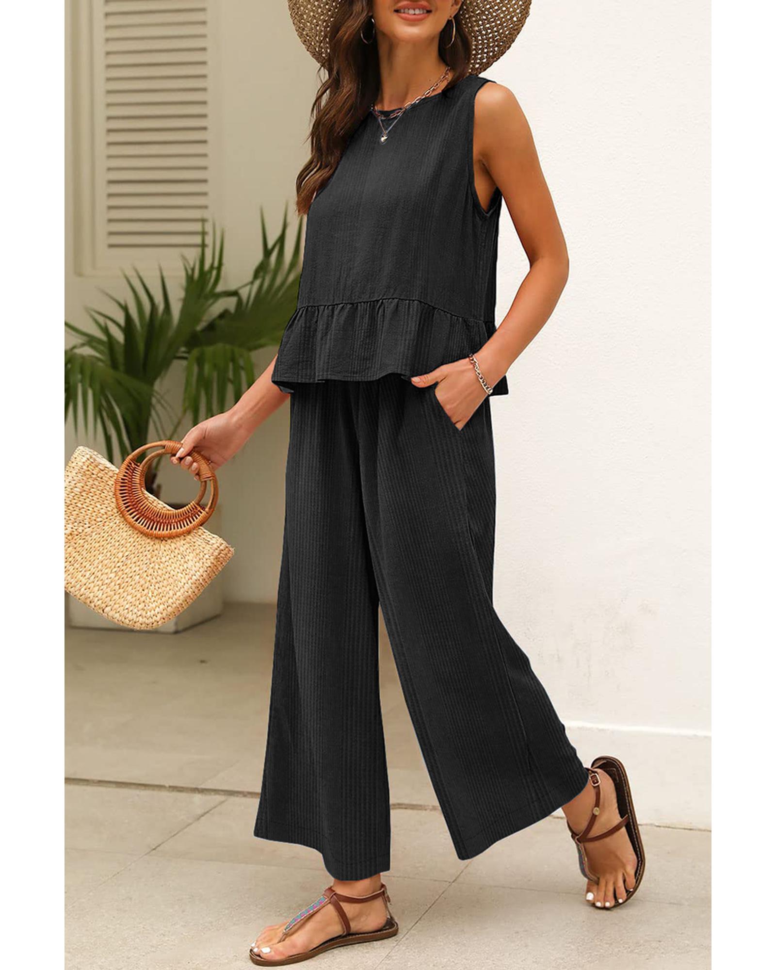 V539-AZEXDC625498-P2-L-202508301815-00 Black Solid Color Ribbed Ruffle Tank Top and Pants Set - L - Image 1