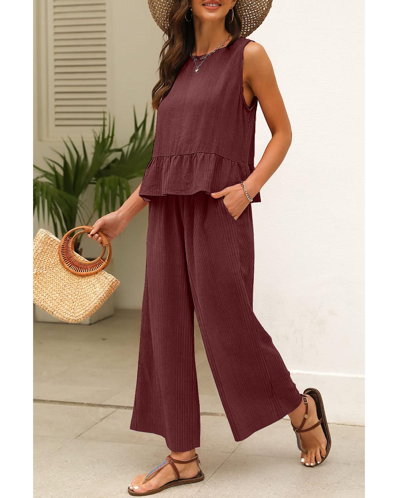 V539-AZEXDC625498-P403-L-202508302350-00 Red Dahlia Solid Color Ribbed Ruffle Tank Top and Pants Set - L - Image 1