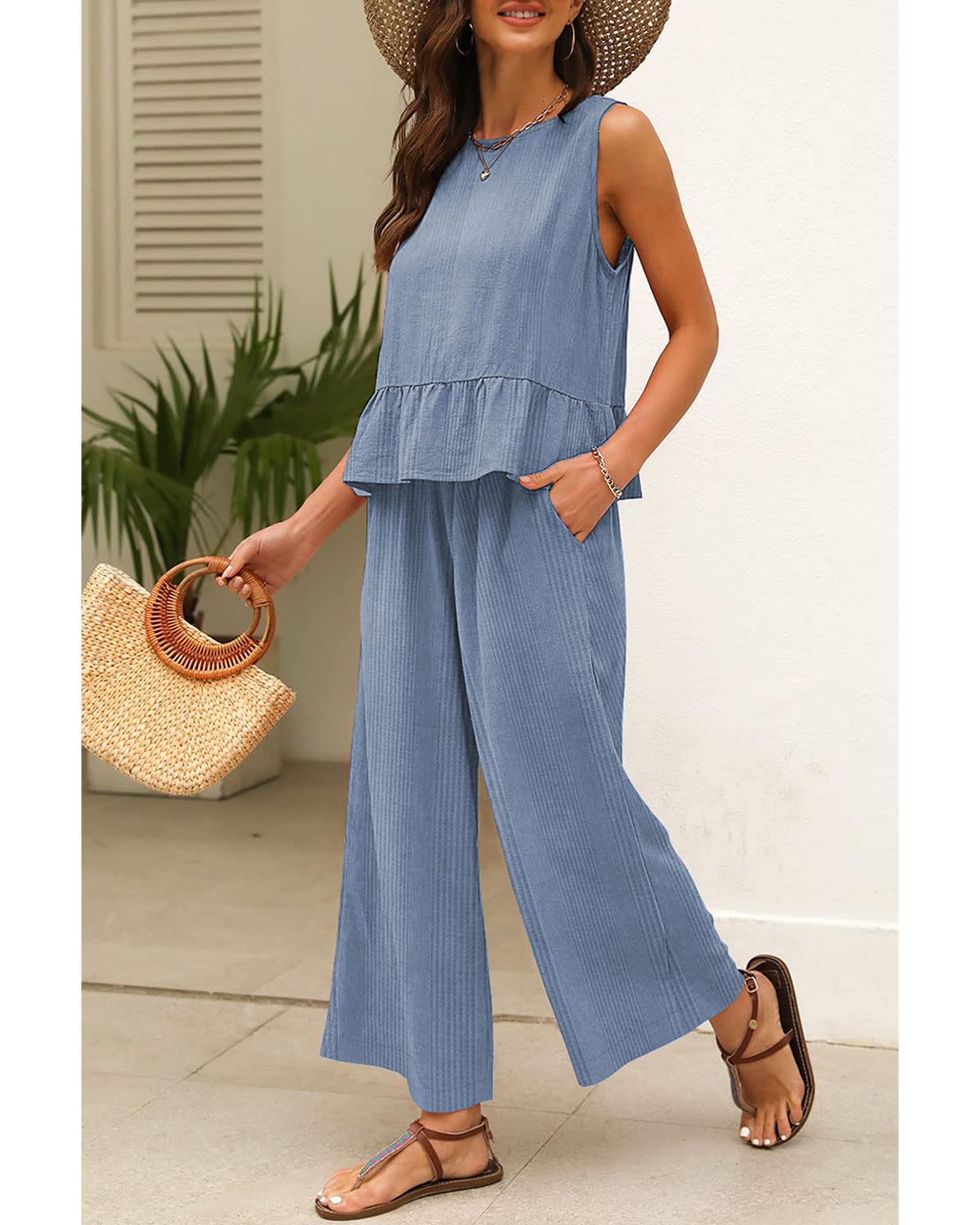V539-AZEXDC625498-P804-XL-202508300910-00 Beau Blue Solid Color Ribbed Ruffle Tank Top and Pants Set - XL - Image 1