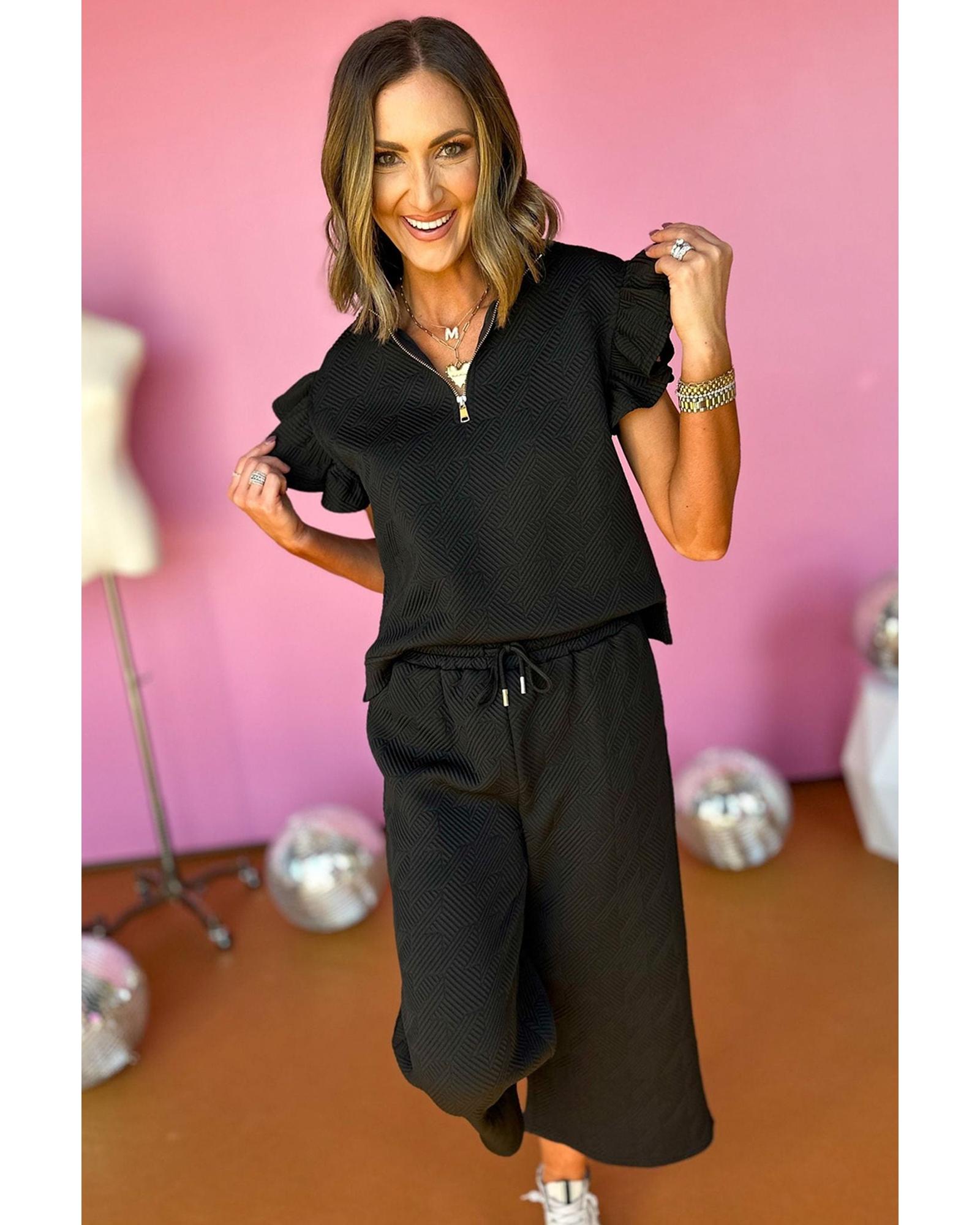 V539-AZEXDC625514-P2-S-202508301255-00 Black Textured Flutter Sleeve Top Wide Leg Pants Set - S - Image 1