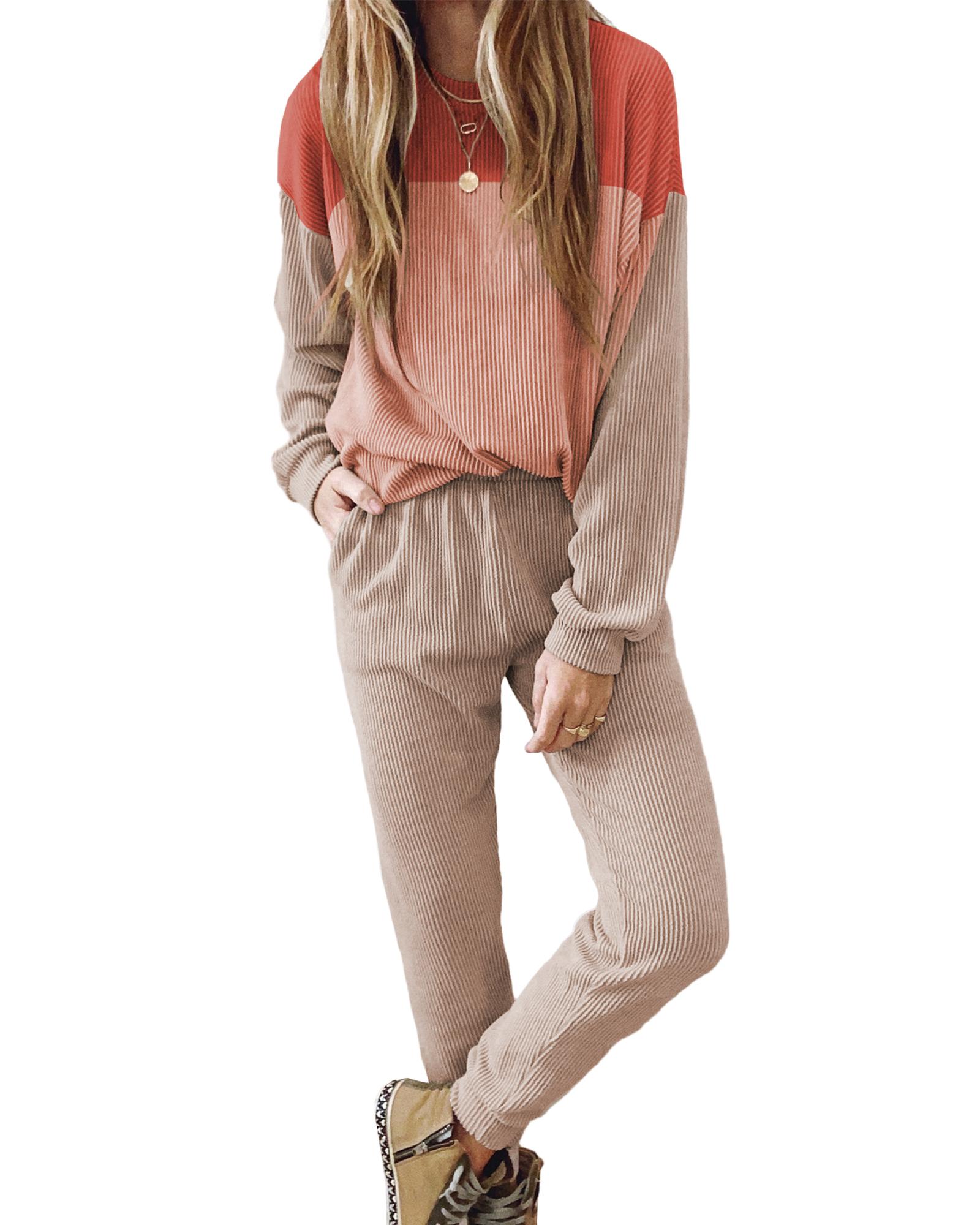 V539-AZEXDC625518-P322-XL-202508302210-00 Fiery Red Corded 2pcs Colorblock Pullover and Pants Outfit - XL - Image 1