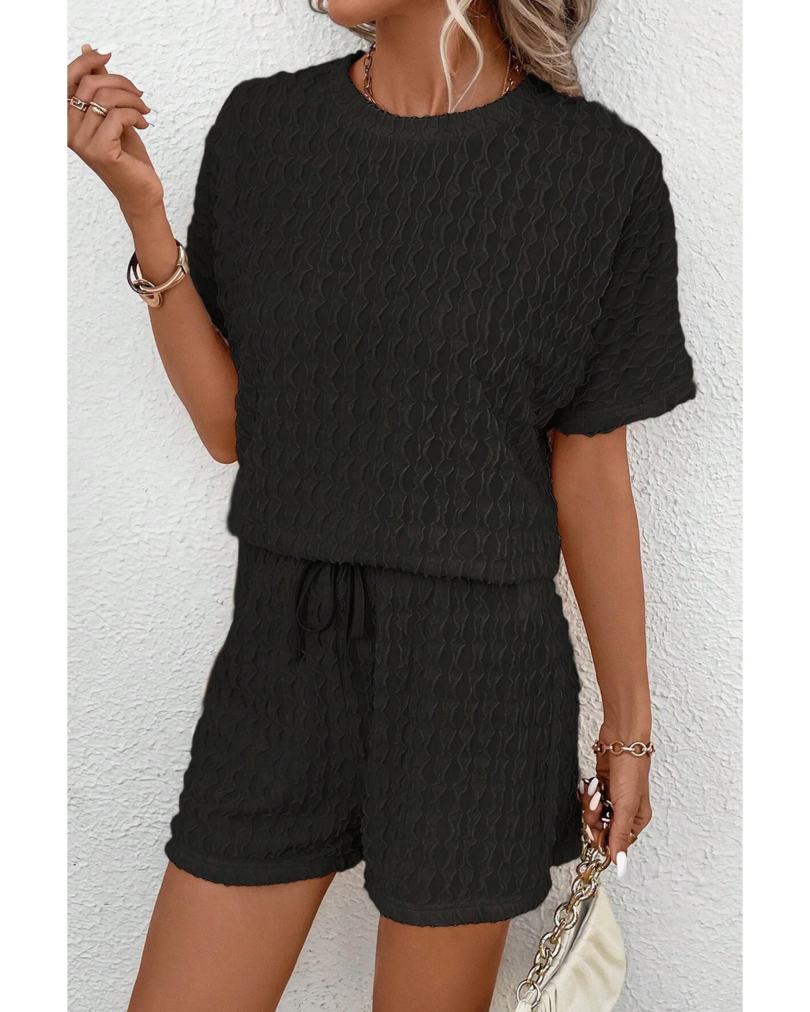 V539-AZEXDC625733-P2-S-202506142141-00 Black Frill Textured Short Sleeve Top and Drawstring Shorts Set - S - Image 1