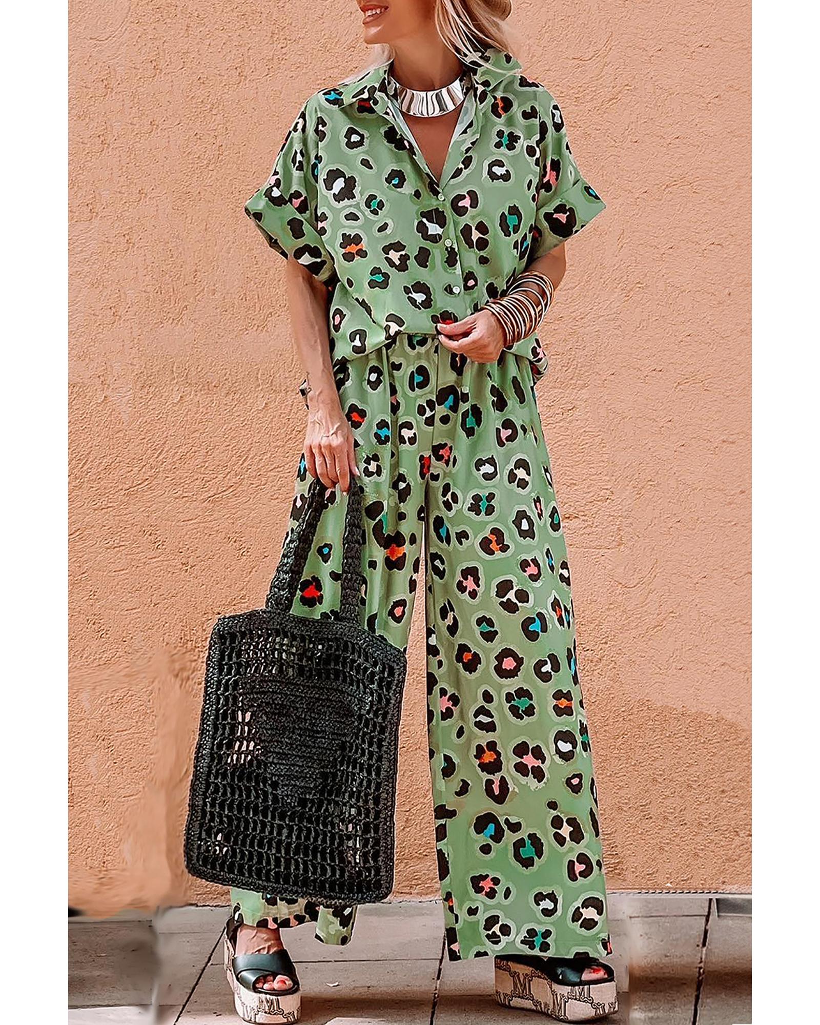 V539-AZEXDC625800-P922-M-202508290145-00 Green Leopard Print Short Sleeve Shirt and Wide Leg Pants Set - M - Image 1